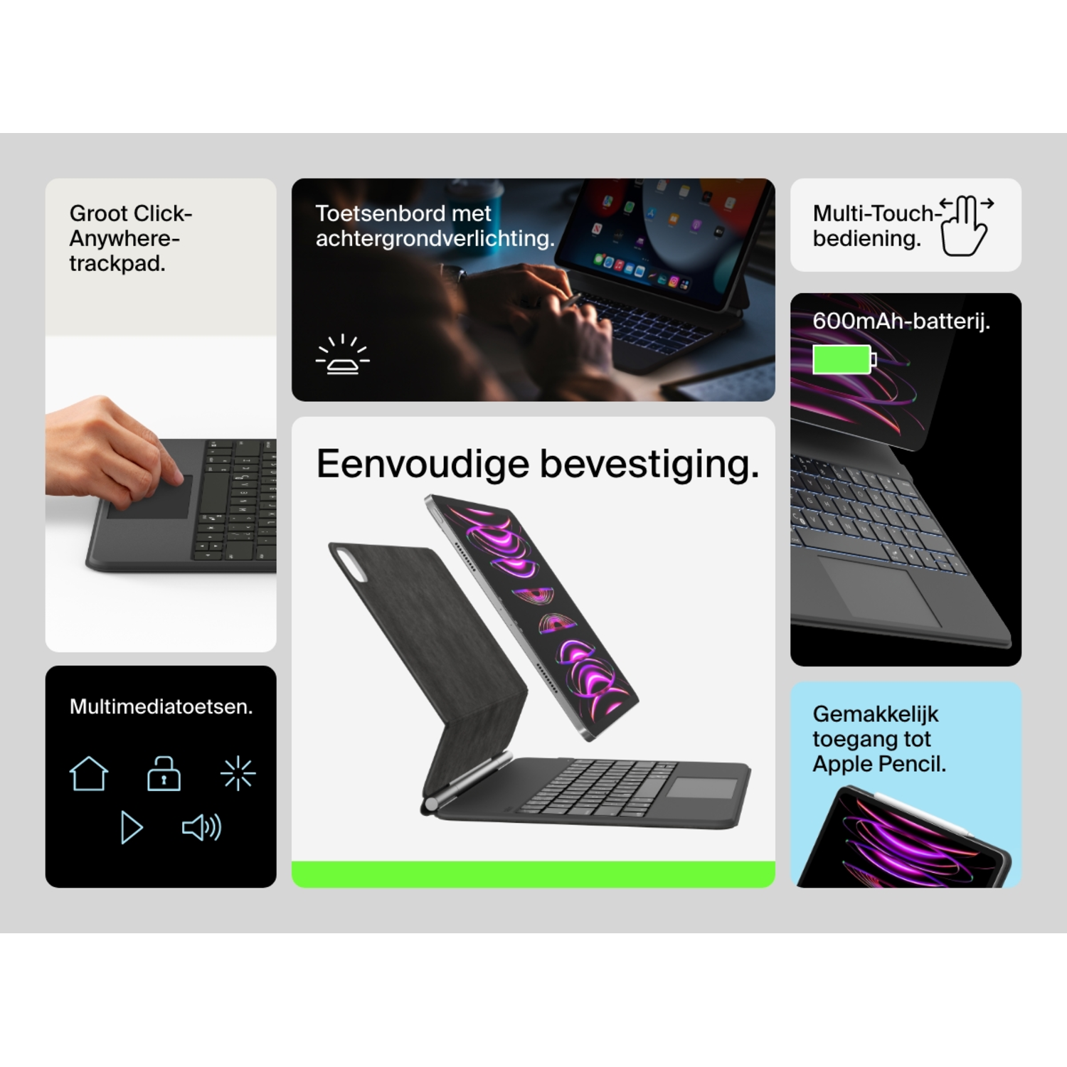 Multiple images of a tablet and keyboard, with features labeled in white text.