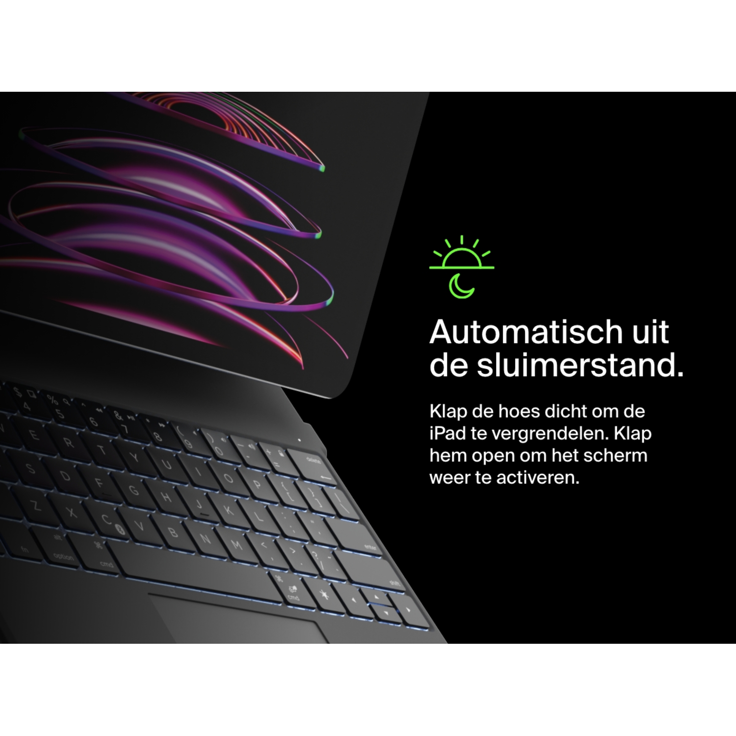 Keyboard case with a tablet. Text says it automatically puts the tablet to sleep. Black background.