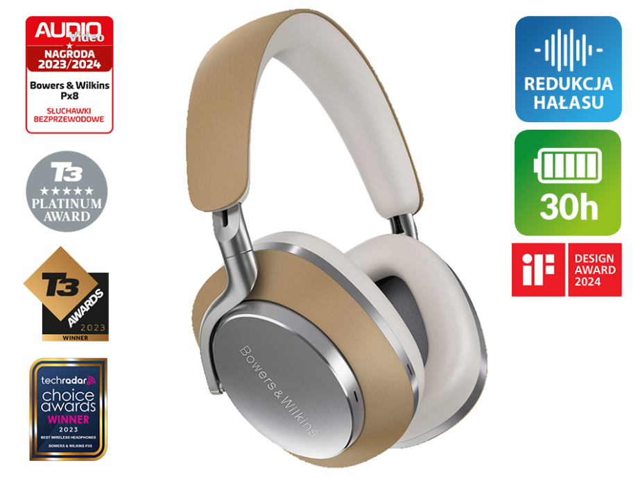 Beżowo-srebrne słuchawki Bowers & Wilkins z różnymi odznakami nagród po lewej stronie.