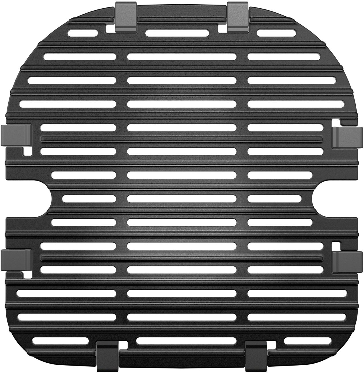 Una griglia nera per barbecue con fori e strutture di supporto.
