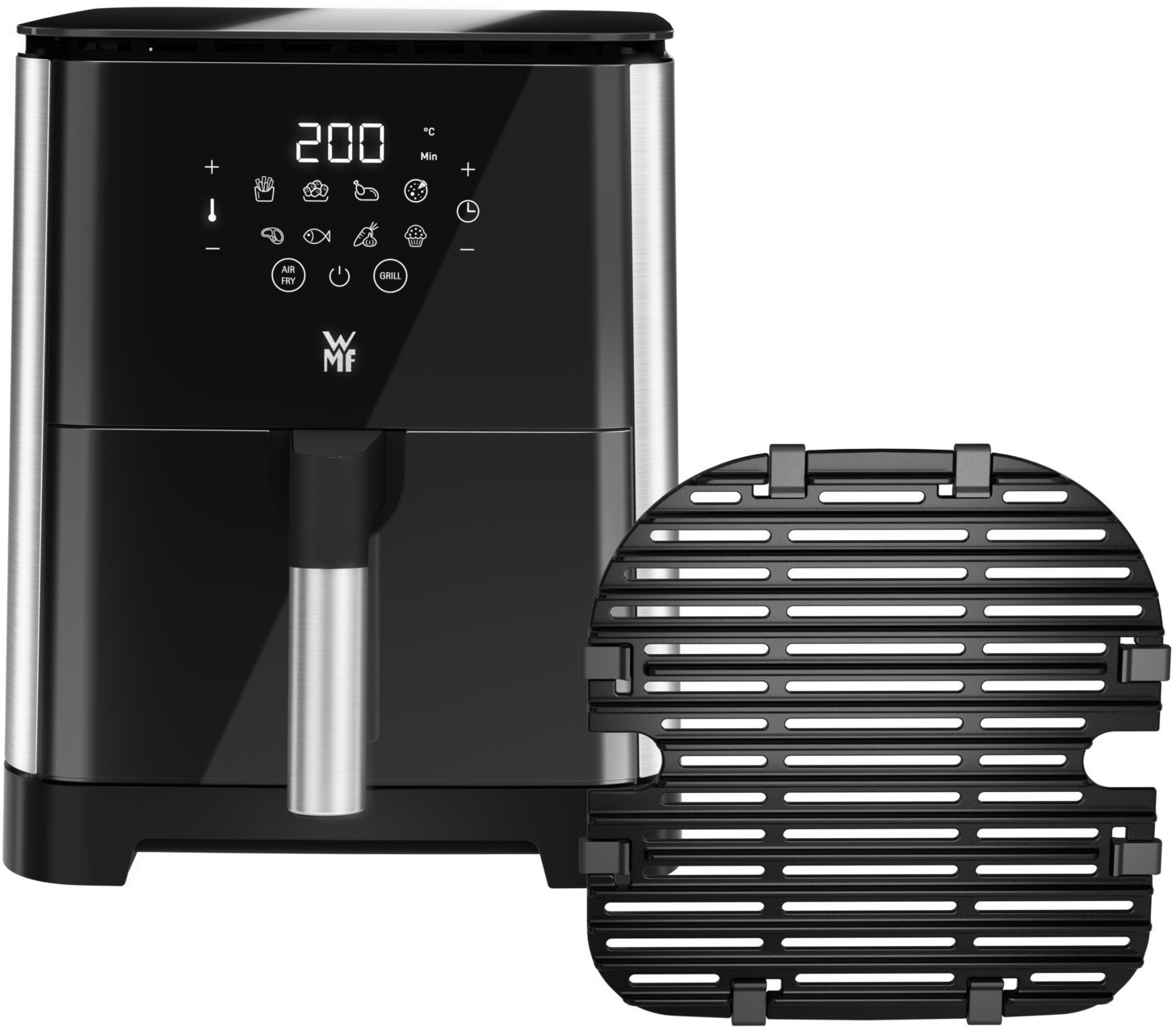Friggitrice ad aria nera con display digitale che mostra 200 gradi e una piastra grill separata accanto.