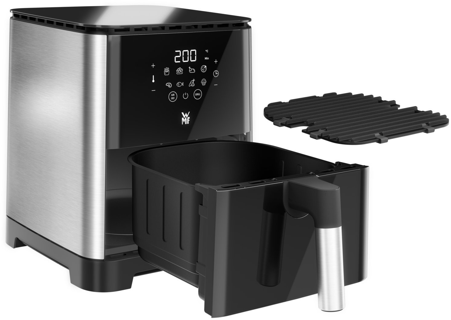 Friggitrice ad aria con piastra grill. Friggitrice ad aria argento e nera con cestello rimovibile. Sfondo bianco.