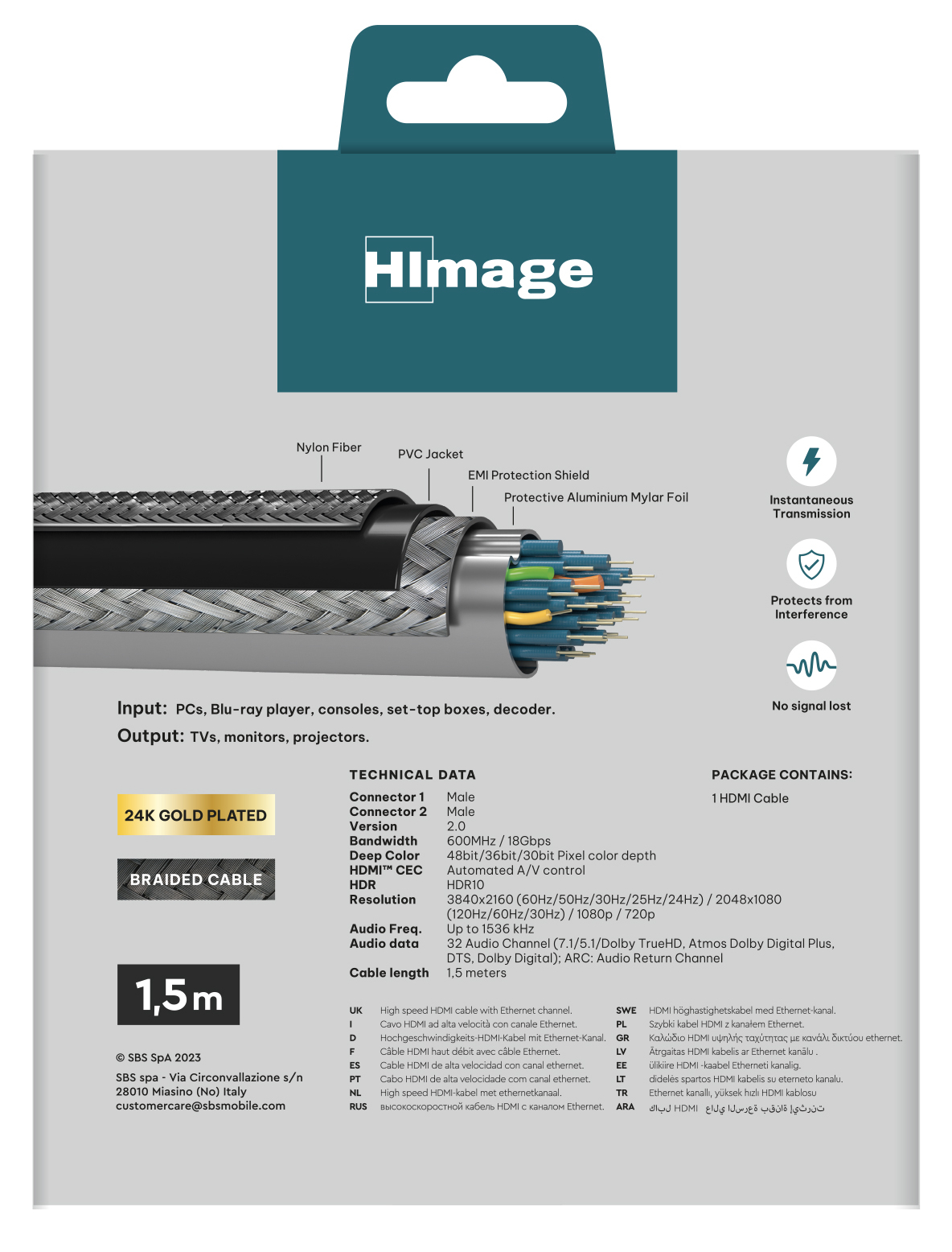 Opakowanie kabla HDMI. Pokazuje kabel, dane techniczne i zawartość opakowania.