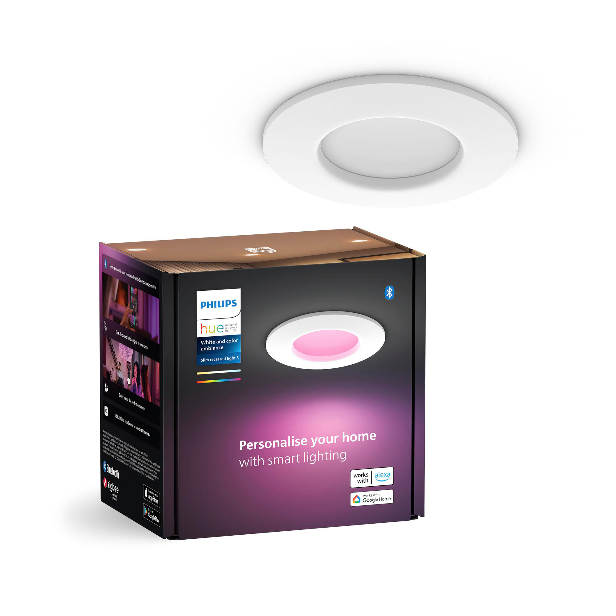 Philips Hue Smart-Lighting-Box und eine weiße Einbau-Deckenleuchte, die das Produkt zeigen.