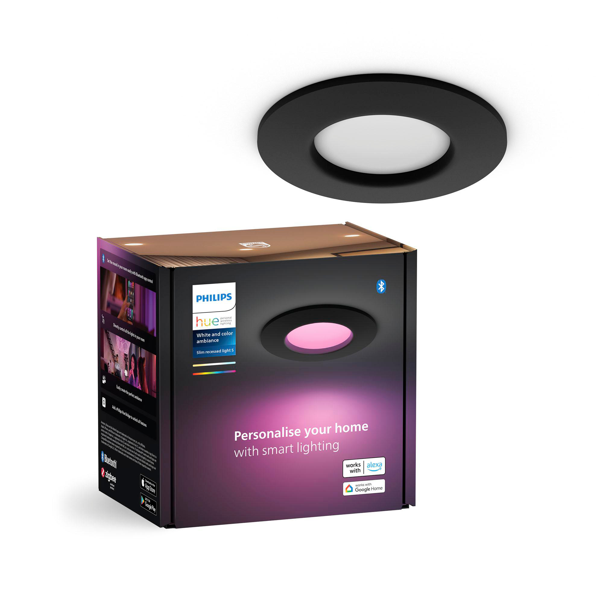 Schwarzes Smart Light mit Box, zeigt das Licht und Verpackungsdetails.