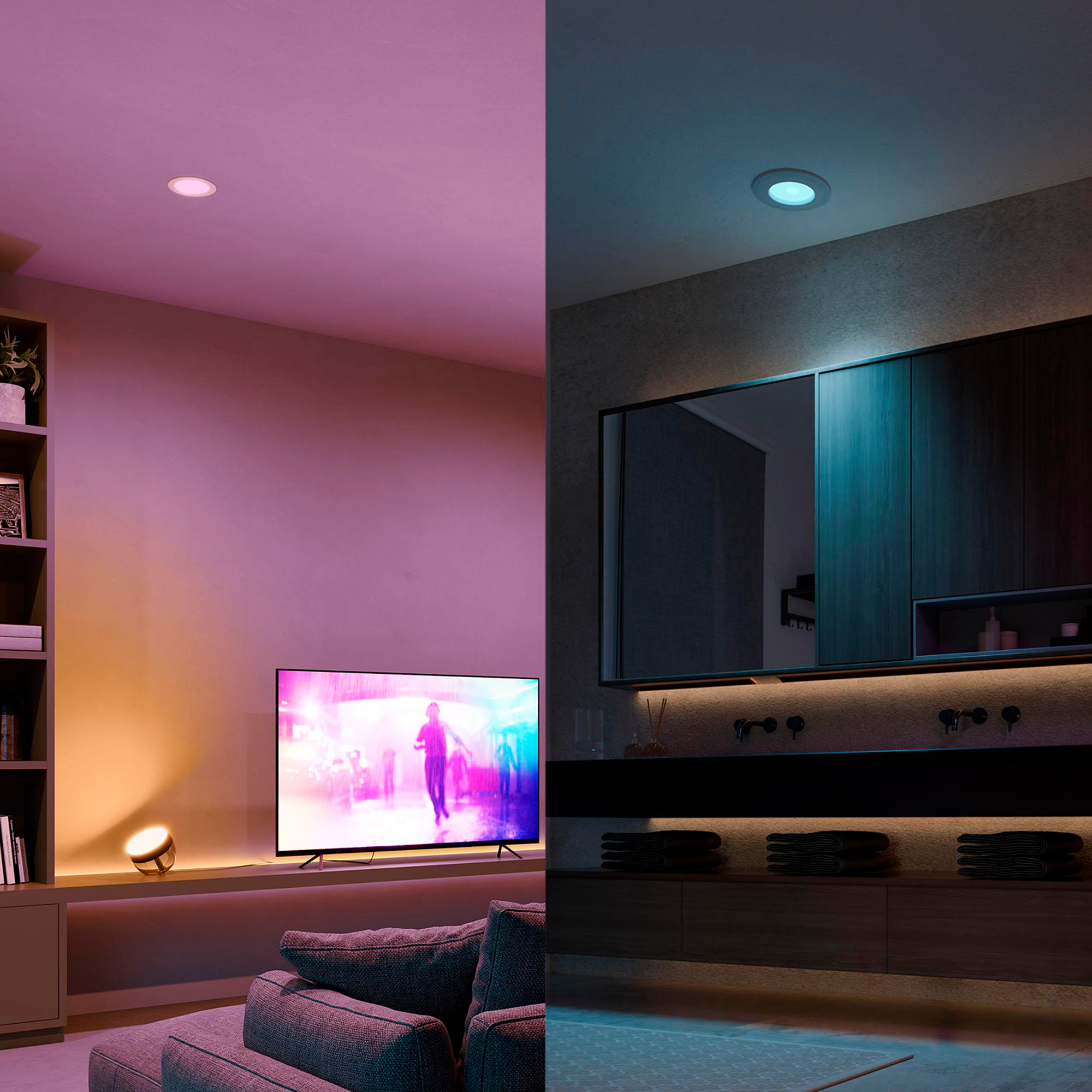 Raum mit farbwechselnden Lichtern, TV, Sofa und kleiner Lampe.