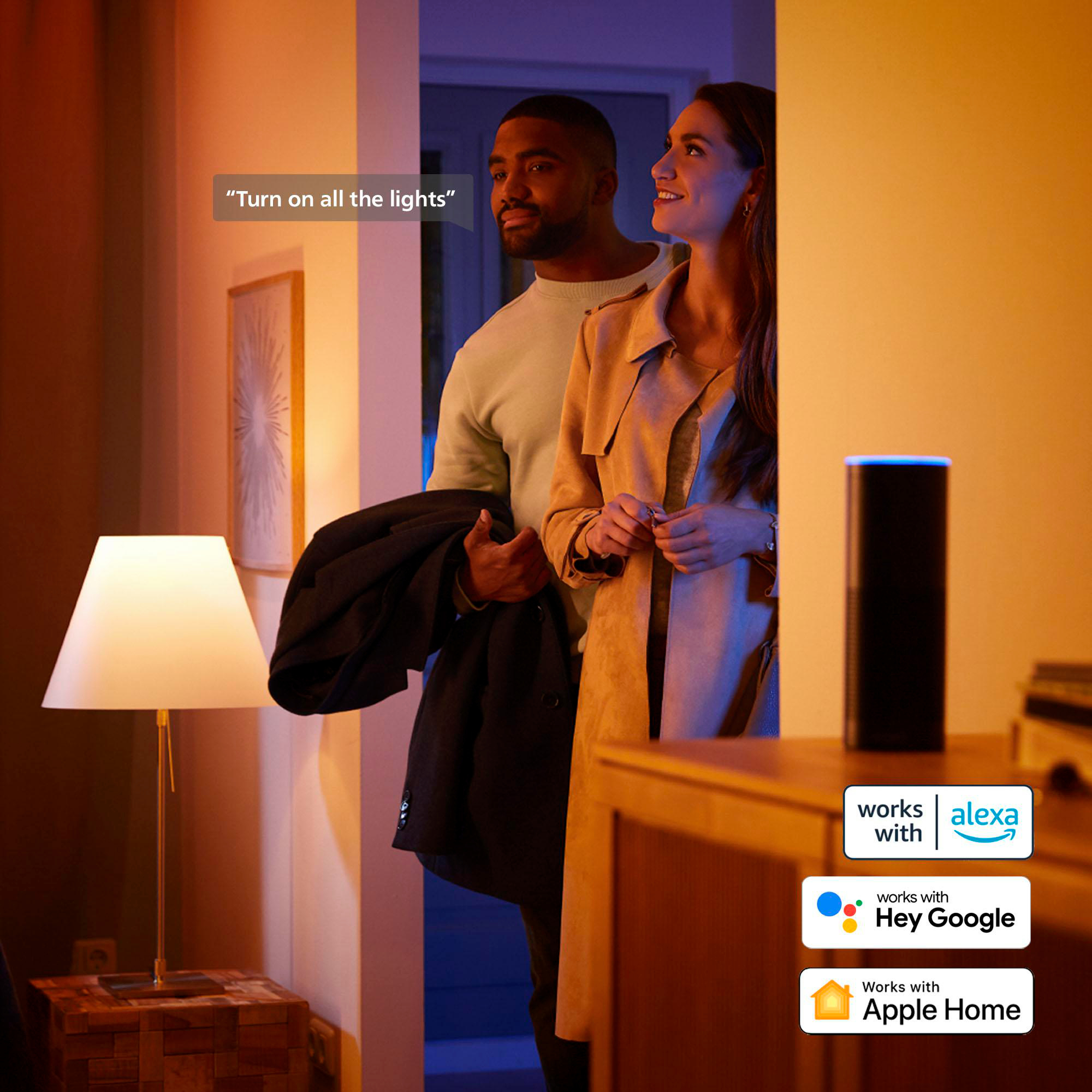 Ein Paar betritt einen Raum. Text: Schalte alle Lichter ein. Funktioniert mit Sprachassistenten.