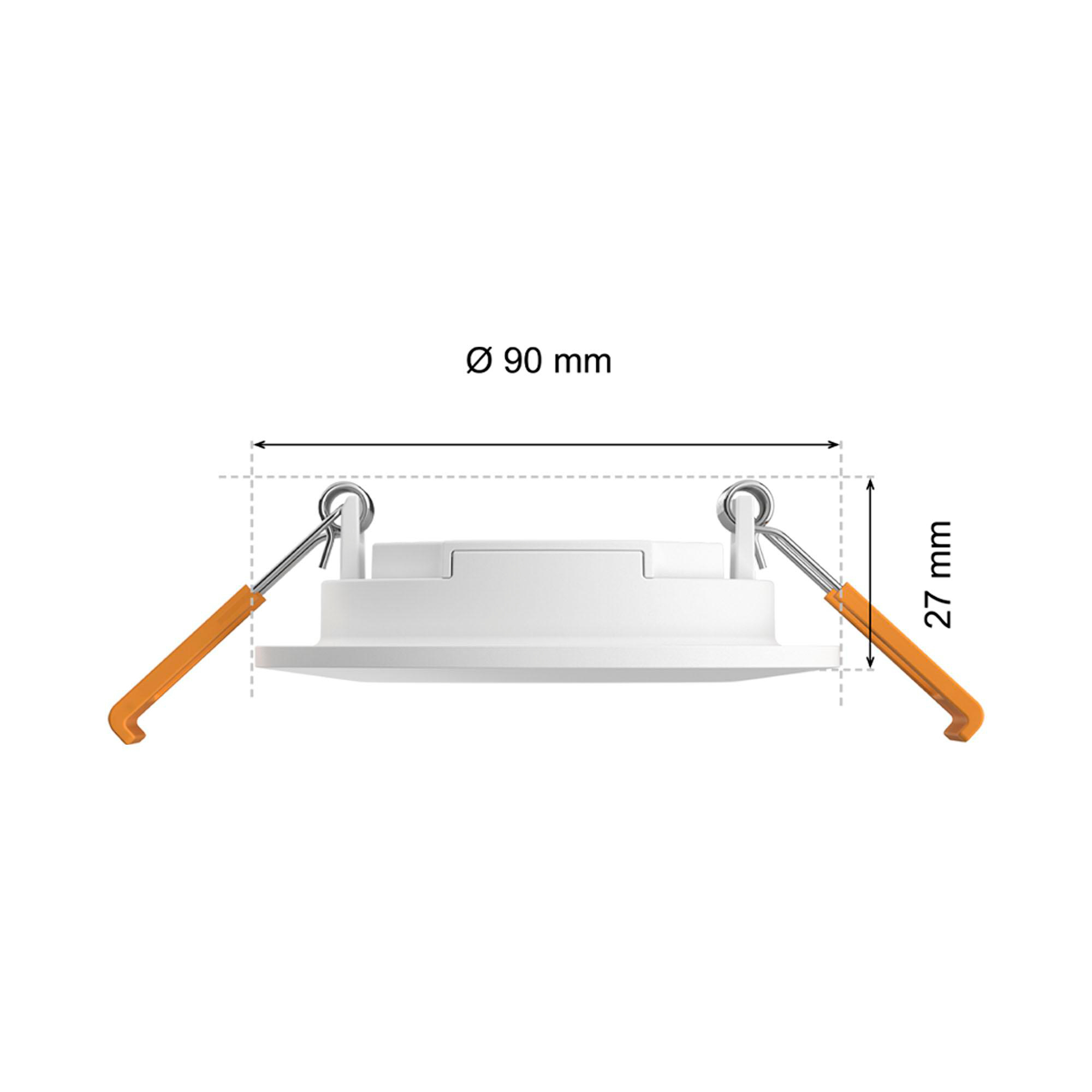 Weiße, runde LED-Deckenleuchte mit orangen Clips, Maße: 90mm Durchmesser, 27mm Höhe.