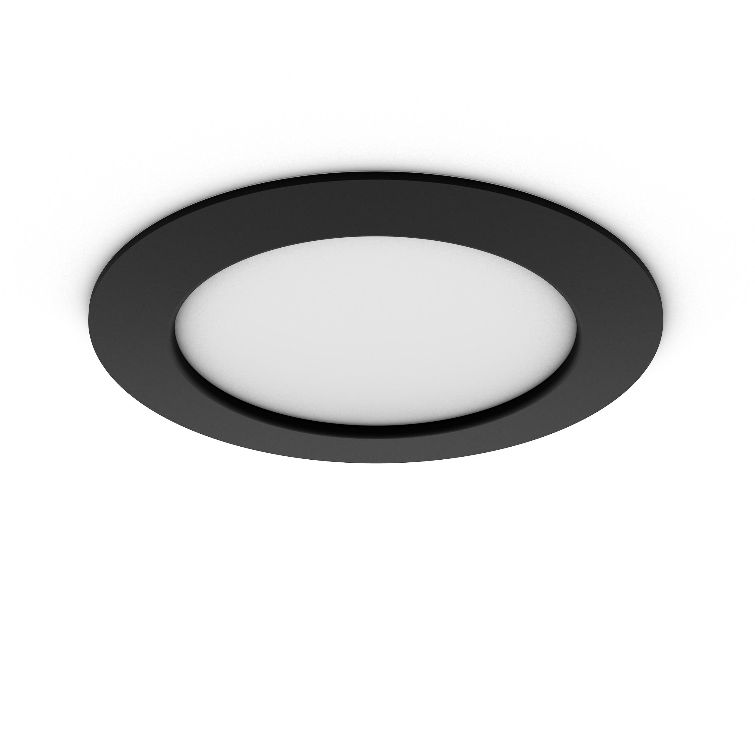 Schwarze, kreisförmige Deckenleuchte, weißer Hintergrund.