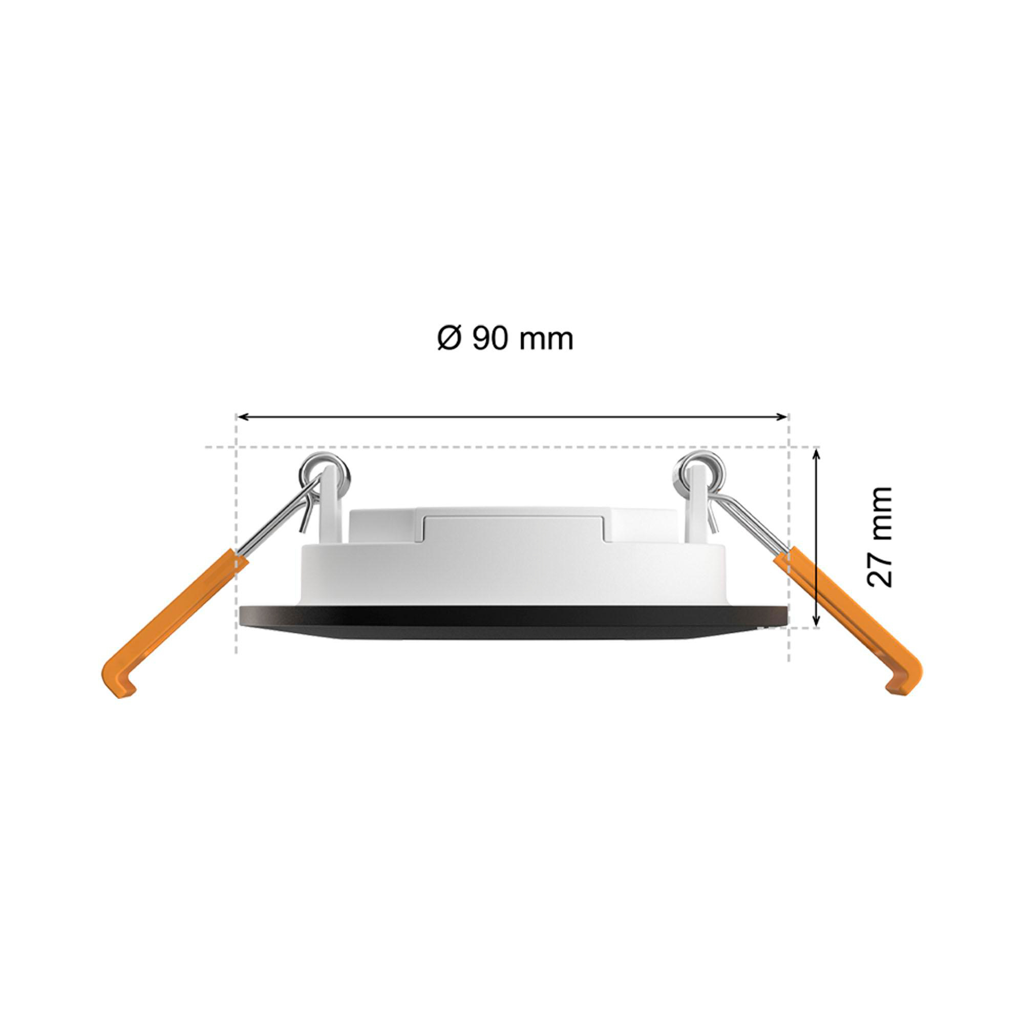 Ein weißer, kreisförmiger Einbaustrahler mit zwei orangefarbenen Klammern. Abmessungen: 90 mm Durchmesser, 27 mm Höhe.