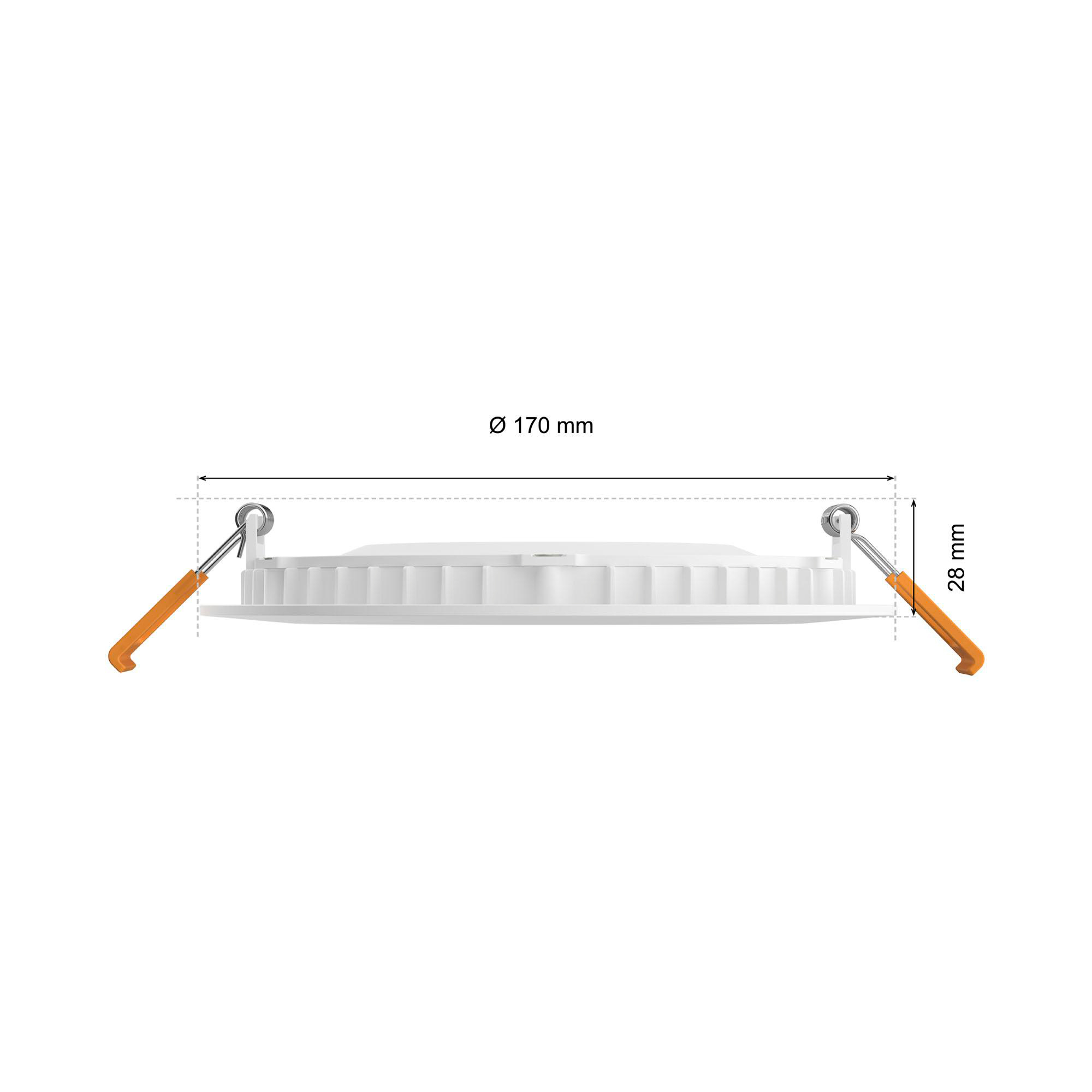 Weiße runde LED-Deckenleuchte mit orangen Clips, Maße: 170mm Durchmesser, 28mm Höhe.
