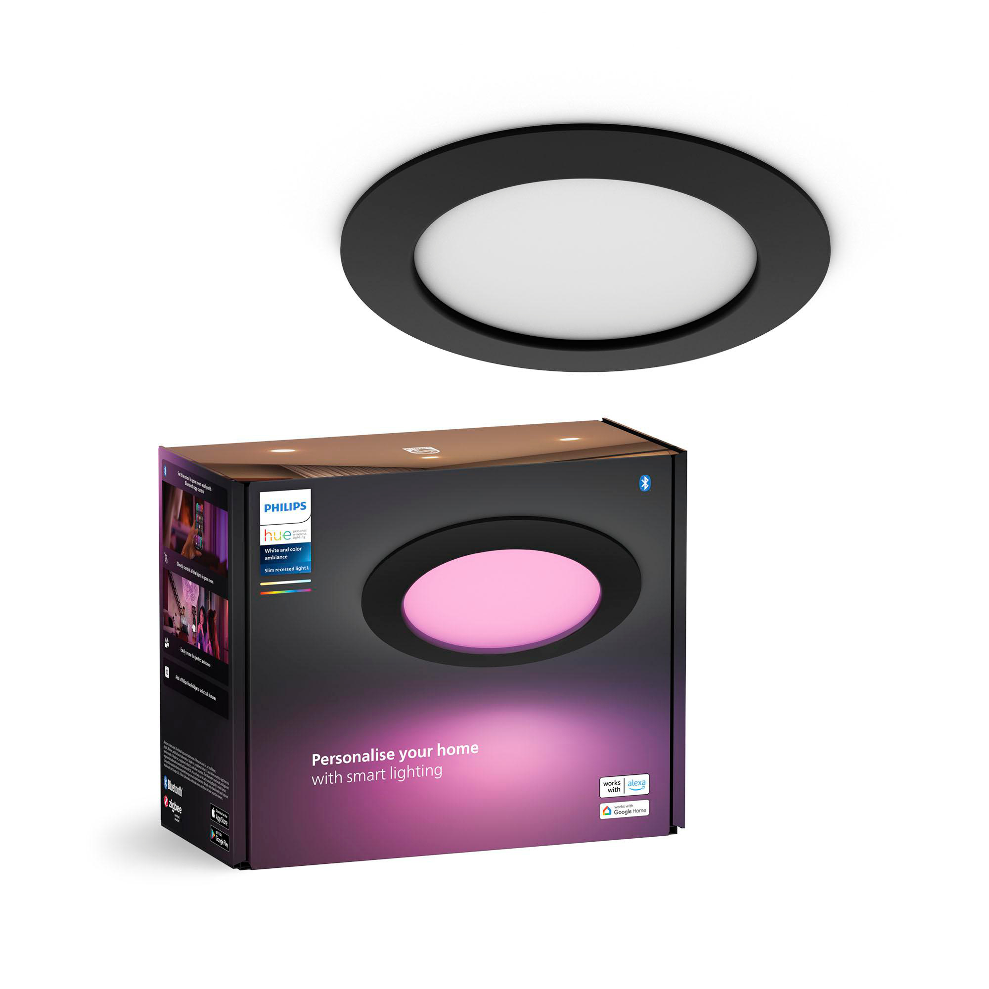 Eine schwarze Deckenleuchte mit rosa Licht und eine Schachtel darunter.