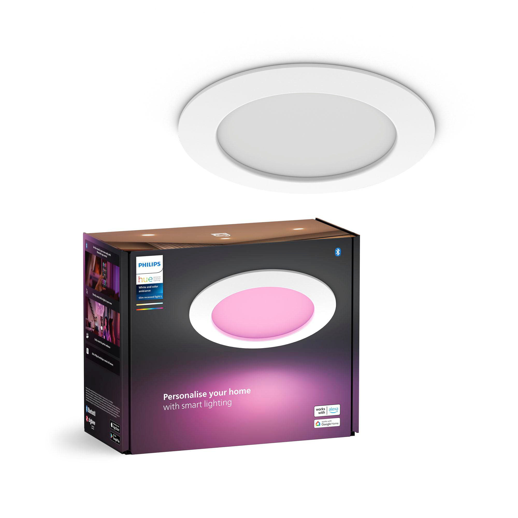 Eine Philips Hue Smart Light Box und Deckenleuchte auf weißem Hintergrund.