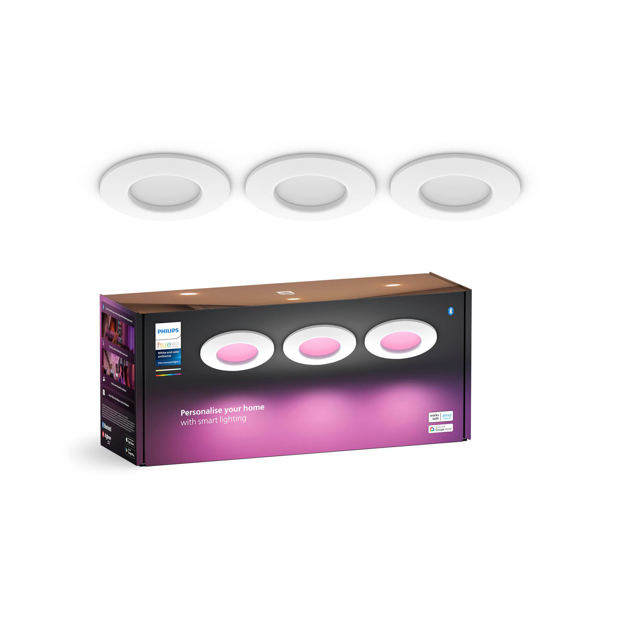 Drei weiße runde Lichter. Eine Box mit drei Lichtern darauf. Rosa Licht auf den Lichtern.
