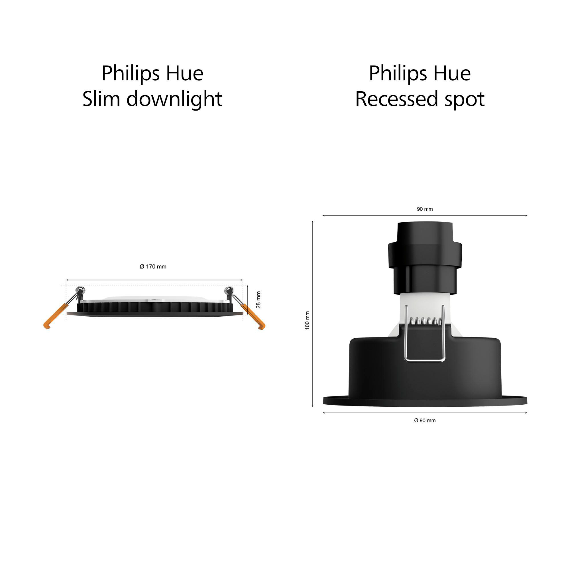Zeichnungen einer Philips Hue Slim Downlight und eines Einbaustrahlers mit Maßen.