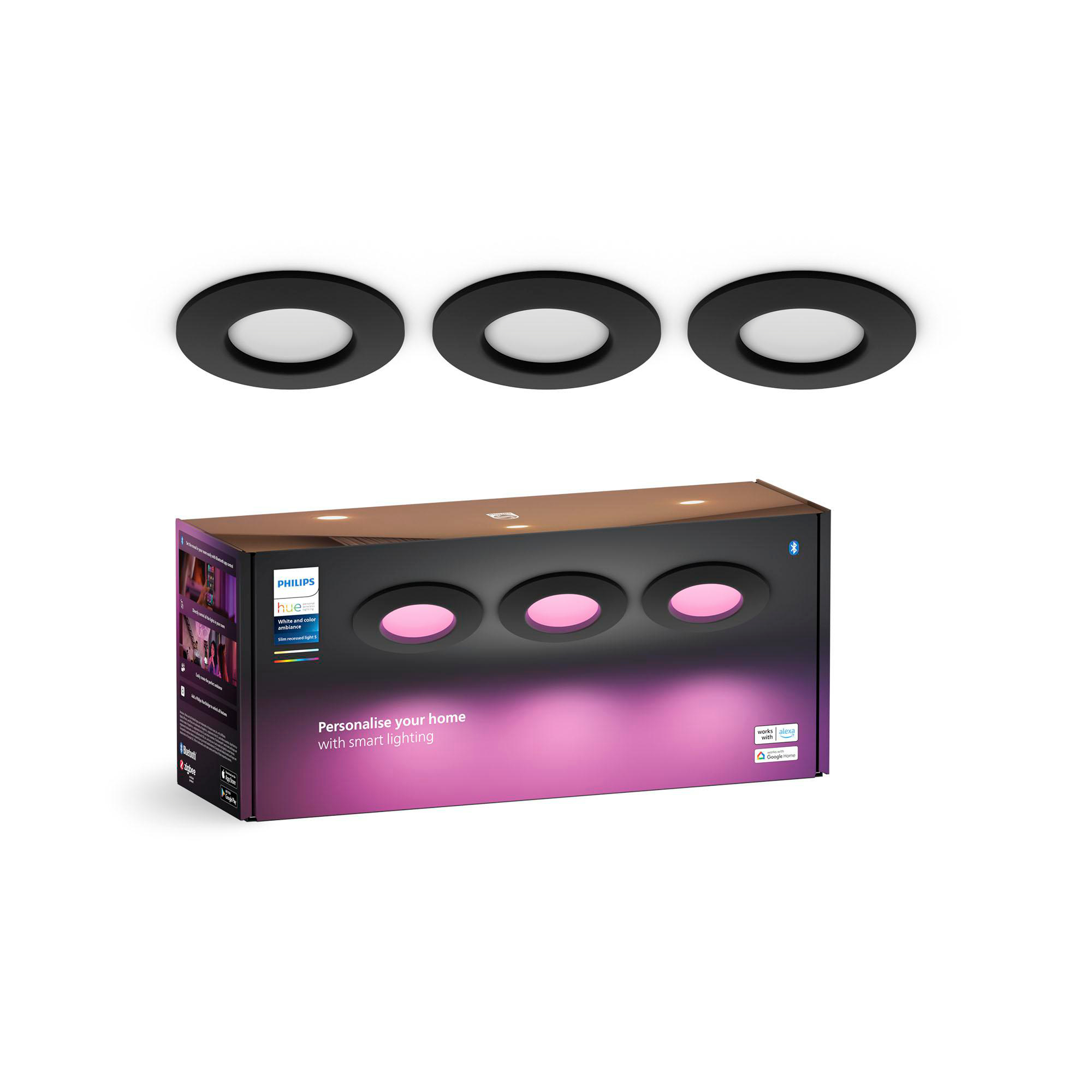 Drei schwarze Einbauleuchten und eine Box. Rosa Farbe. Weißer Hintergrund.