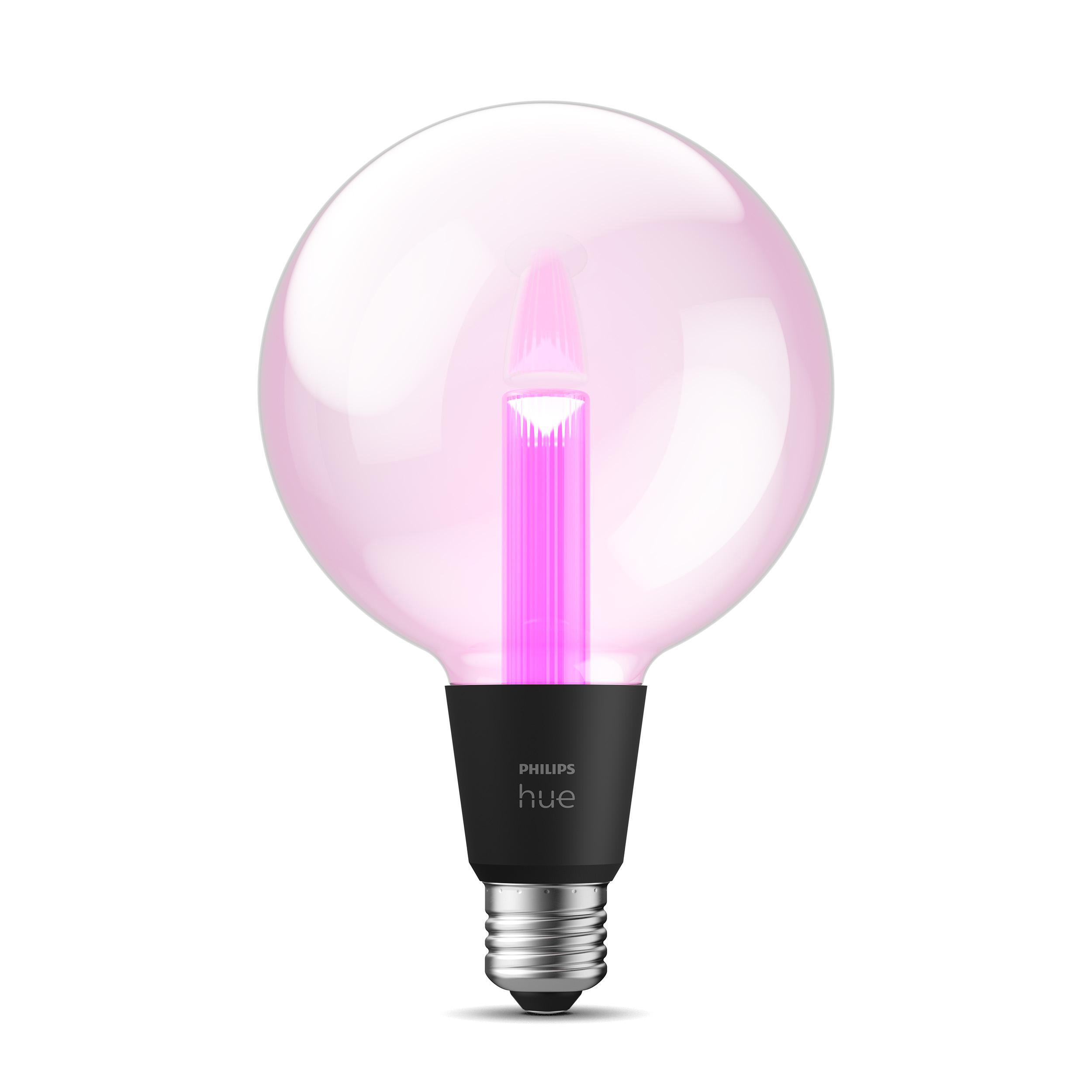 Eine große, rosa leuchtende Philips Hue-Glühbirne mit schwarzem Sockel und silbernem Schraubsockel.