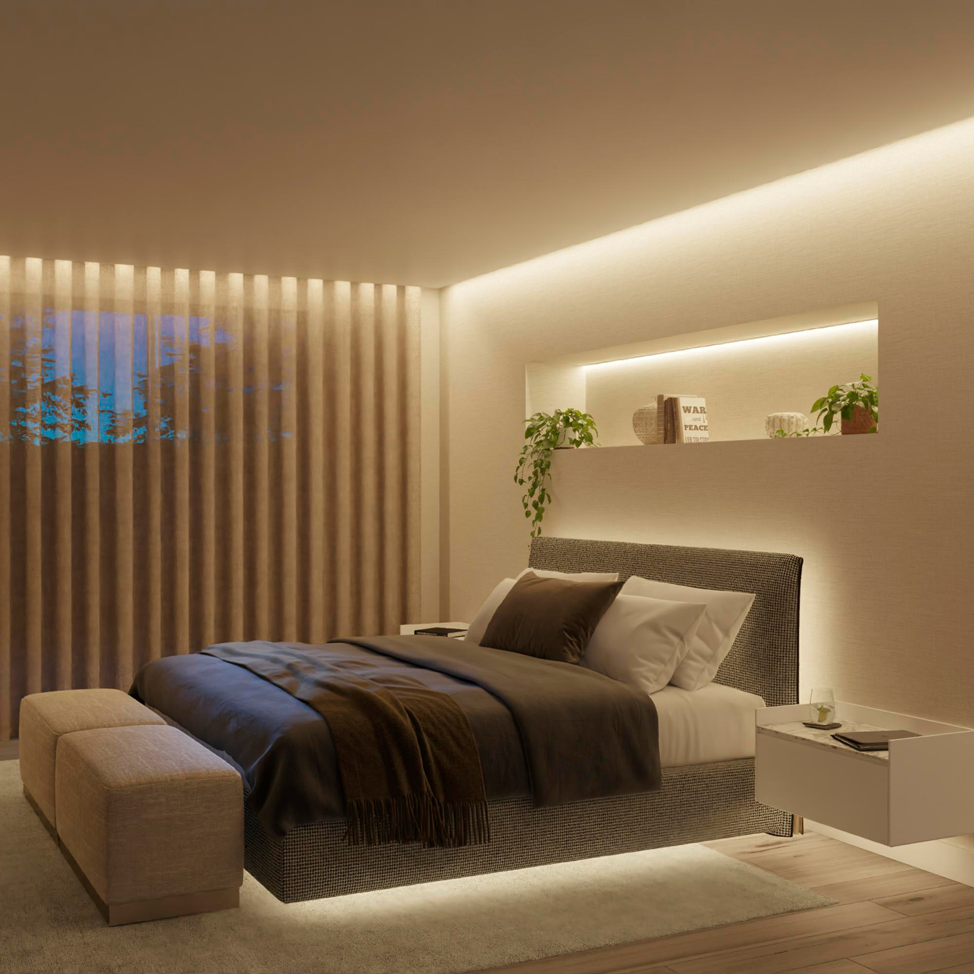 Schlafzimmer-Interieur mit Bett, Bank, Nachttisch und Pflanzen. Warme Beleuchtung.