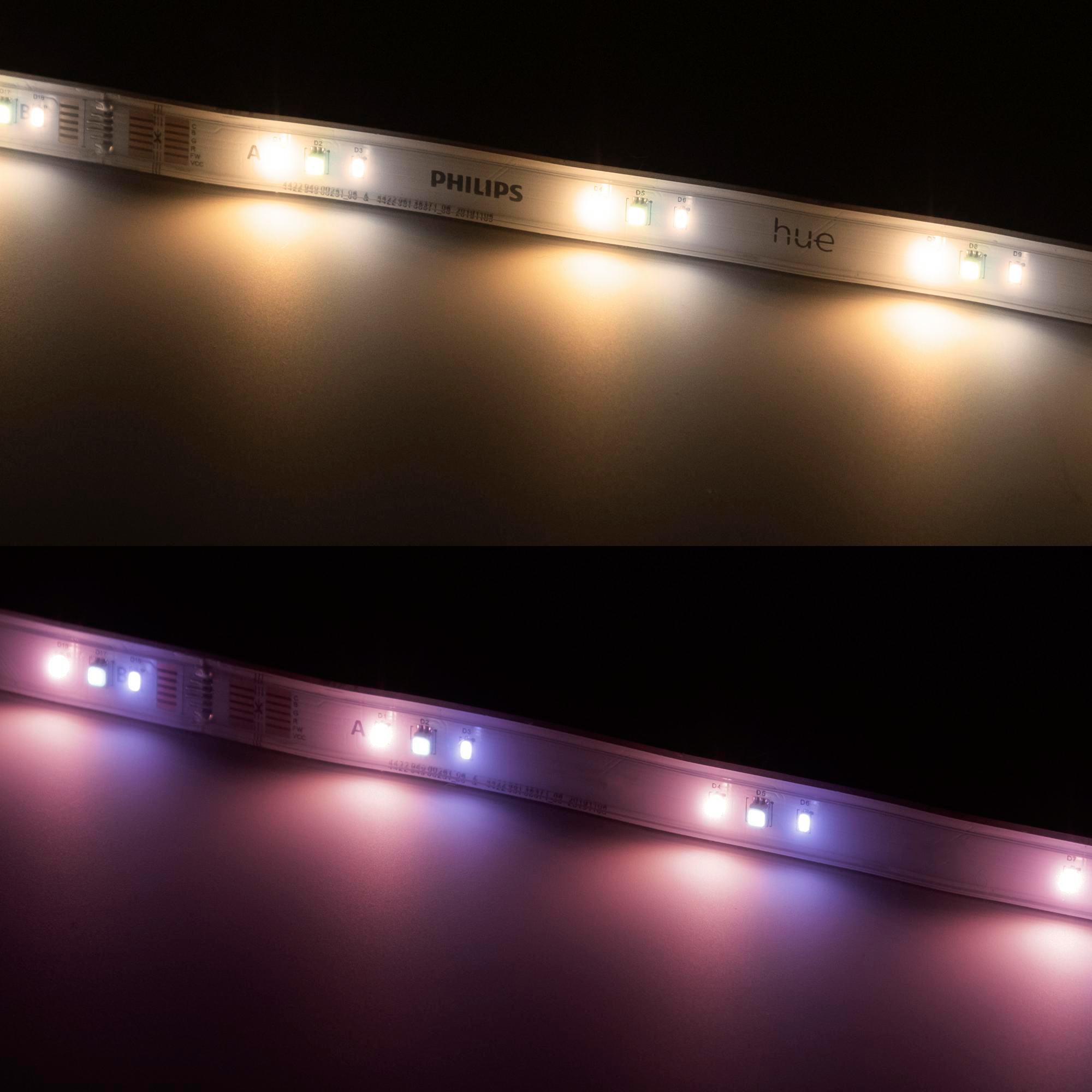 Zwei LED-Lichtstreifen, einer warm, einer lila.