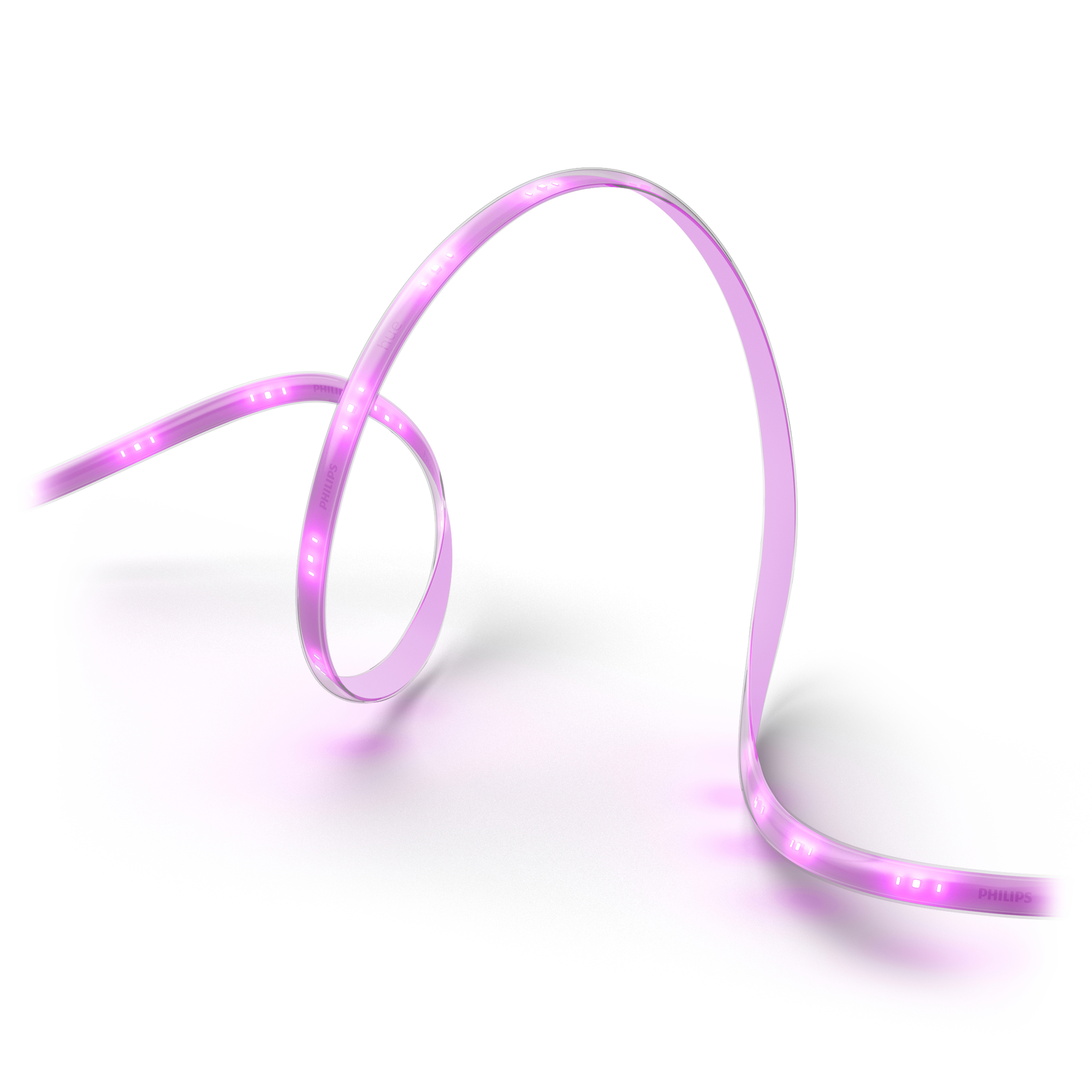 Rosa LED-Streifen, gebogen und beleuchtet, isoliert auf weißem Hintergrund.