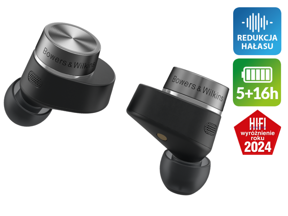 Zbliżenie bezprzewodowych słuchawek dousznych w czarnym etui z tekstem i ikonami baterii.