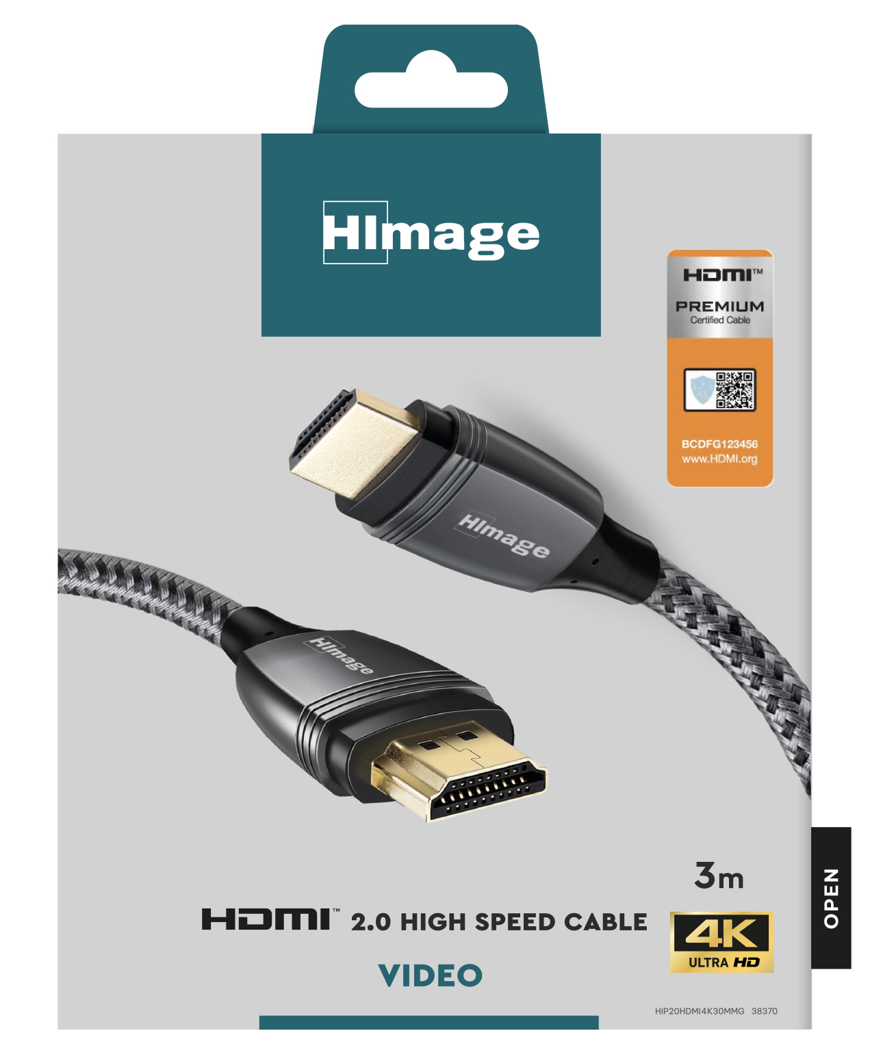 Opakowanie kabla HDMI z czarno-szarym kablem, nazwą marki i certyfikatami.