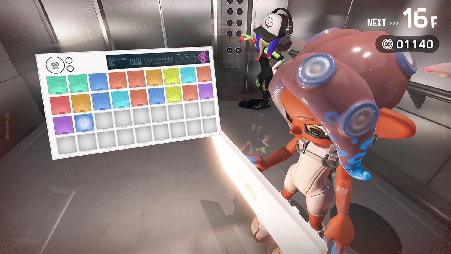 Un personaje en un juego, un instrumento musical y texto en una pantalla.