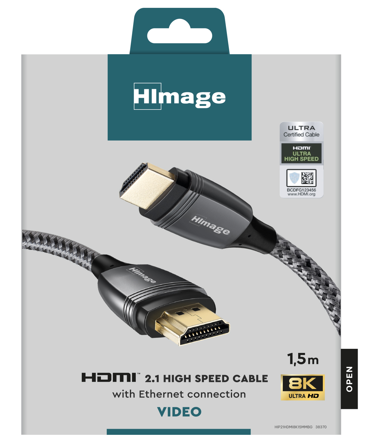 Pudełko kabla HDMI, czarny kabel, ze złotymi złączami i logo HDMI.