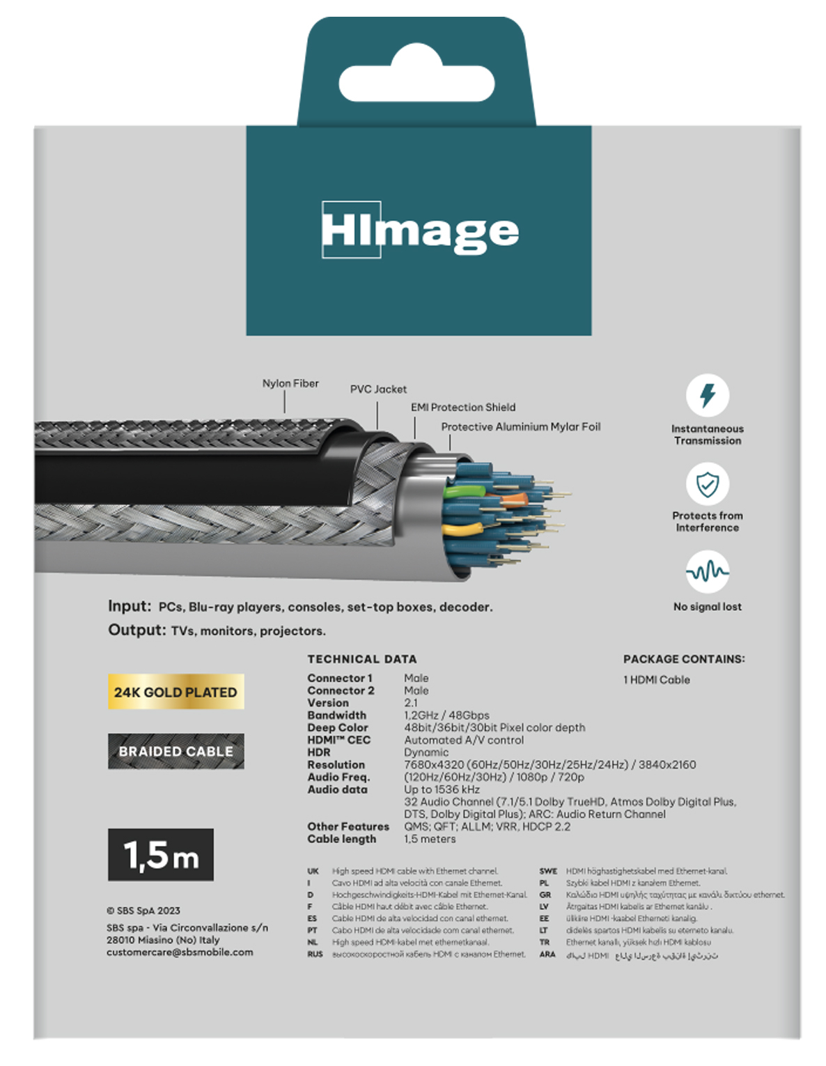 Szczegółowe opakowanie produktu, z tekstem i obrazami, plecionego kabla HDMI.