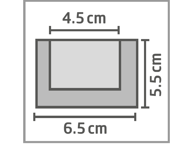 Diagram: Szürke téglalap, belül világosszürke téglalappal. Méretek: 6,5 cm x 5,5 cm és 4,5 cm.