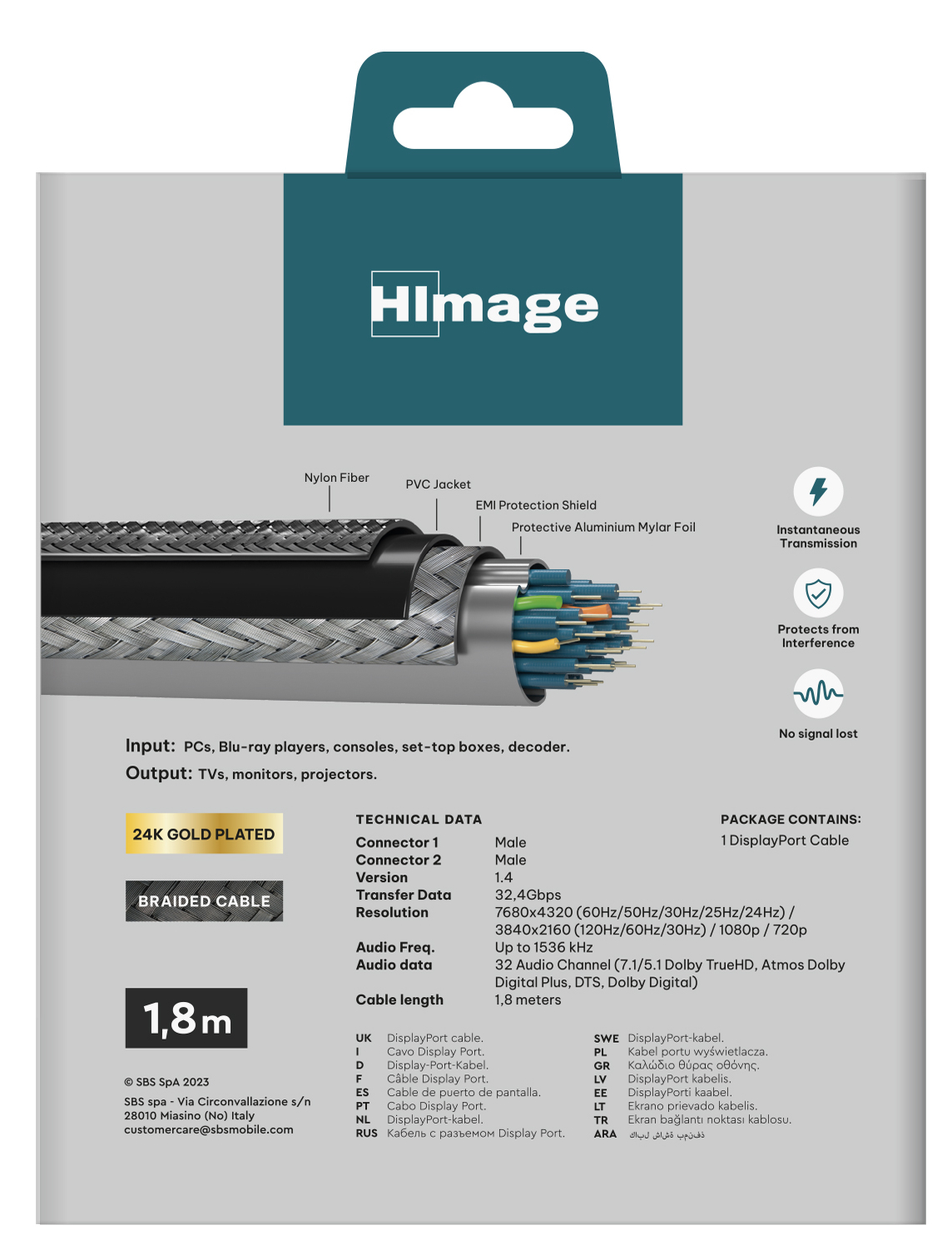 Kabel pleciony ze specyfikacjami technicznymi na białym tle. Szczegóły: włókno nylonowe, osłona PVC, pozłacane 24K, dł. 1,8 m.