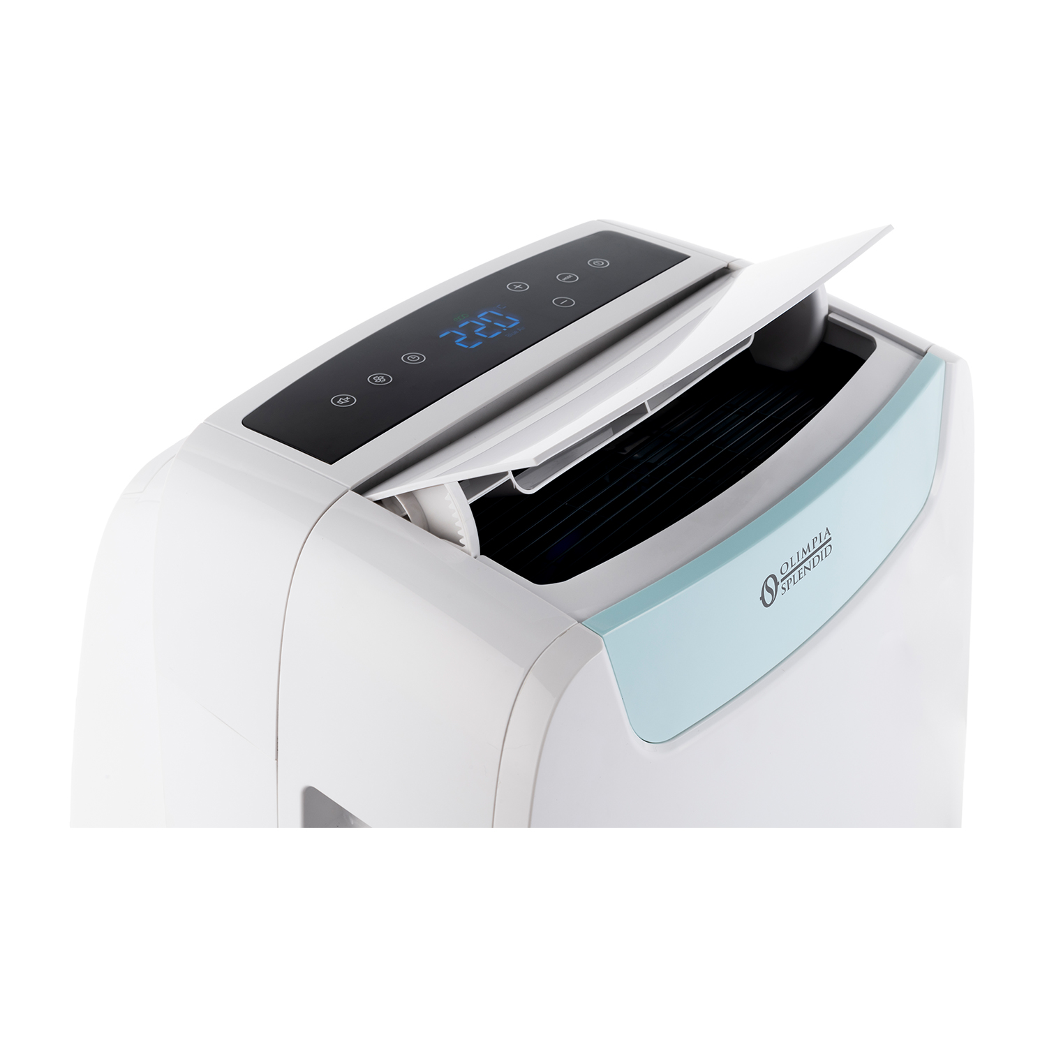Condizionatore portatile bianco e blu, con display digitale visibile.