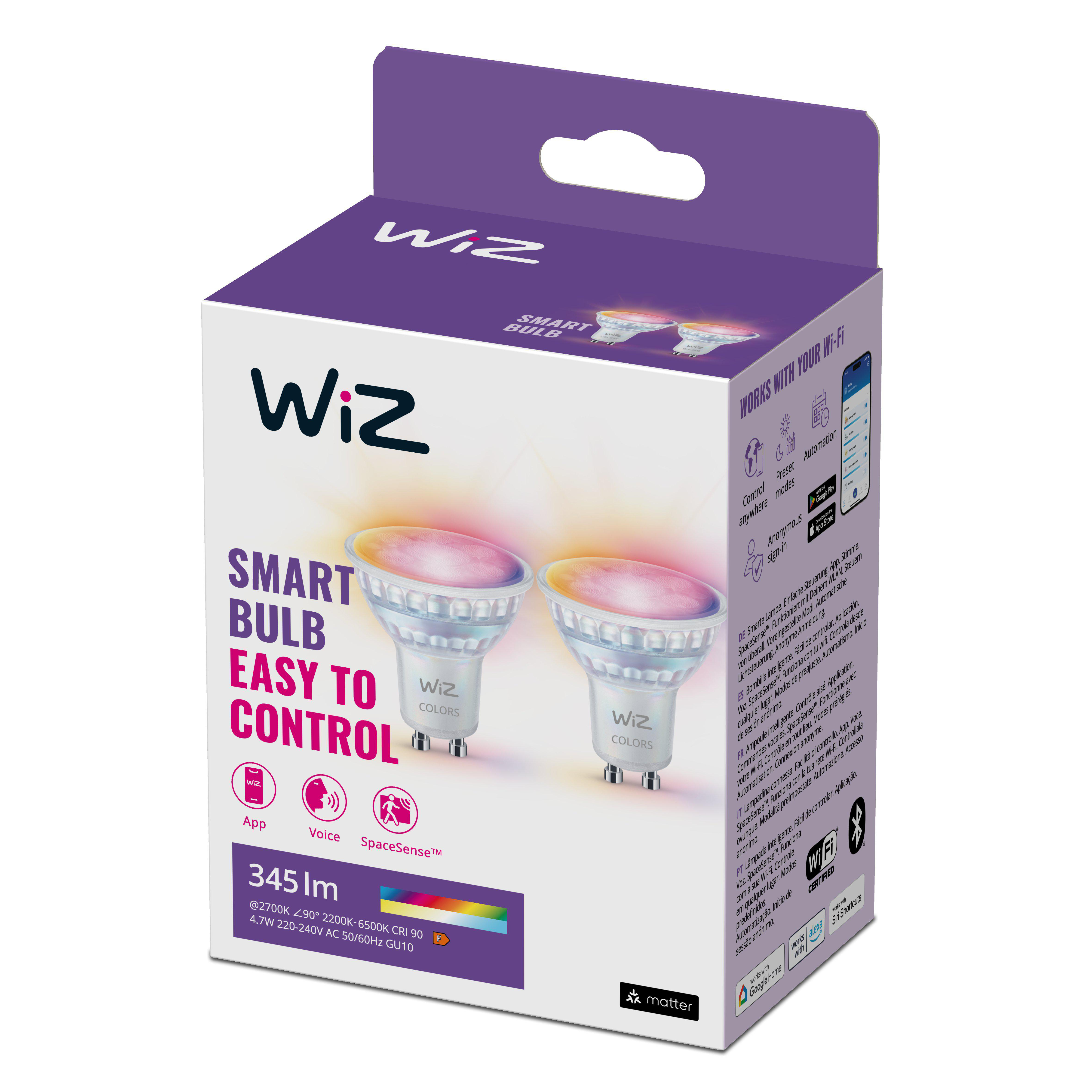 Wiz Smart Bulb Box mit zwei Glühbirnen. Lila Box mit Text: Smart Bulb, Easy to Control. Blauer Hintergrund.