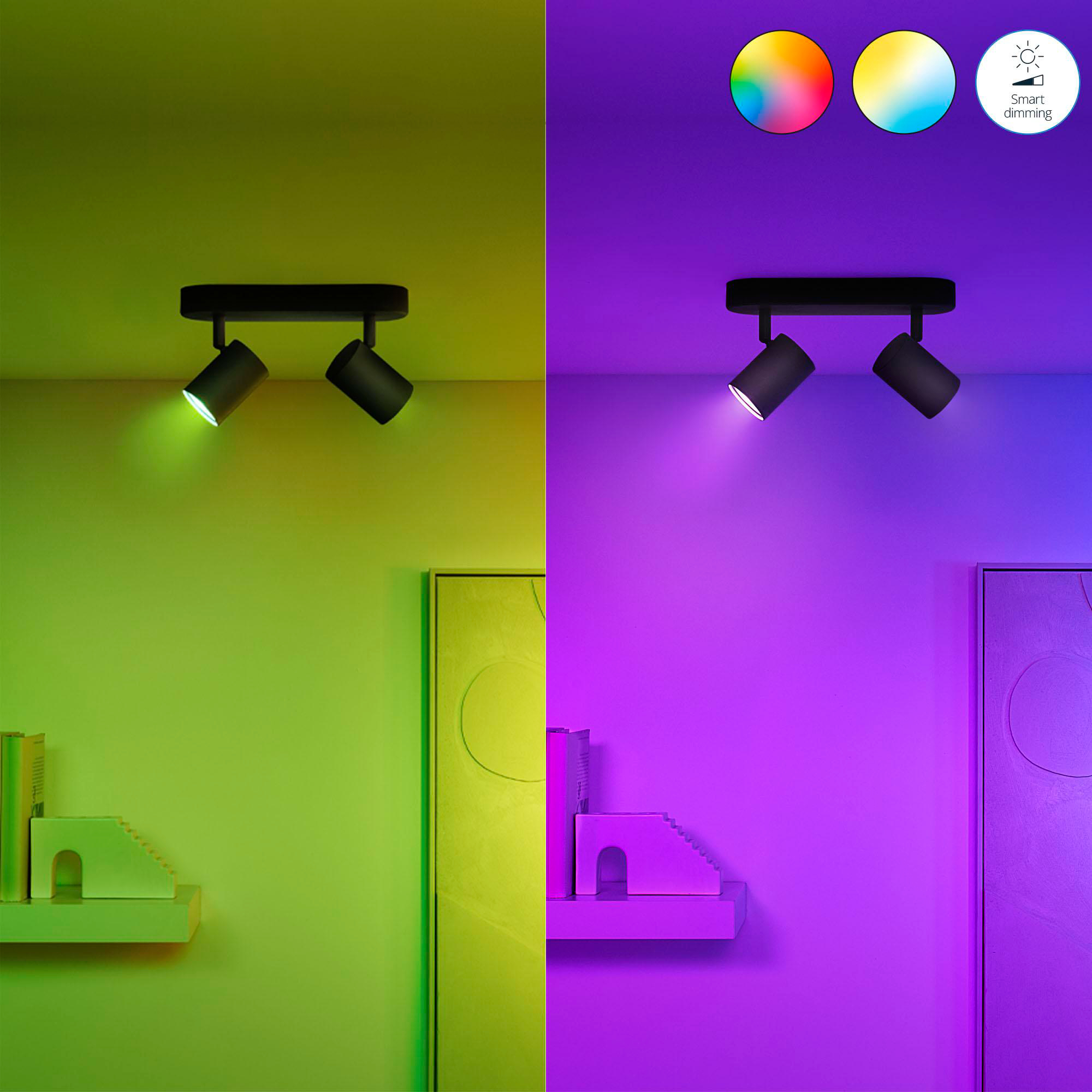 Zwei verstellbare Strahler an einer Wand. Eine Seite grün, die andere lila. Farbiges Licht oben.