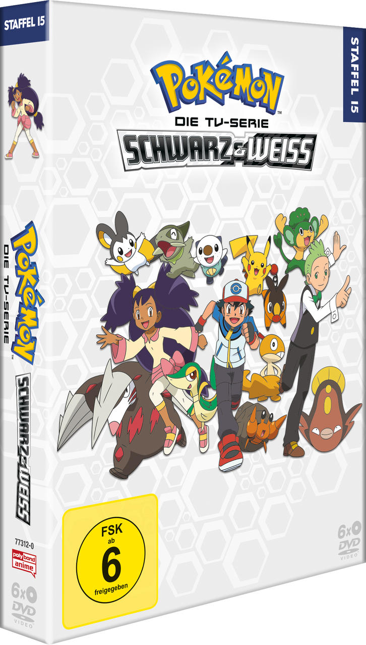 DVD-Cover für die Pokémon-TV-Serie 'Schwarz & Weiß'. Enthält Ash, Pikachu und andere Charaktere.