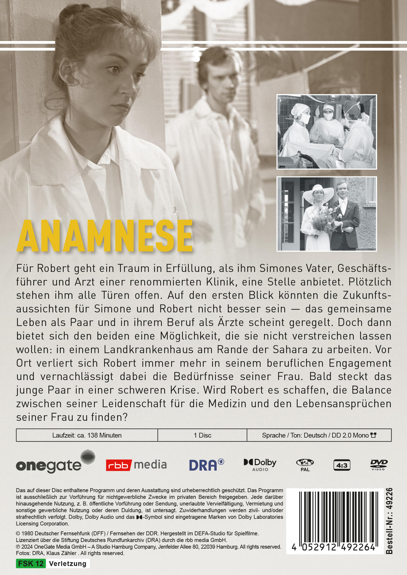 DVD-Cover für Anamnese, einen deutschen Film. Zeigt eine Frau in Weiß und einen Mann, sowie Text.