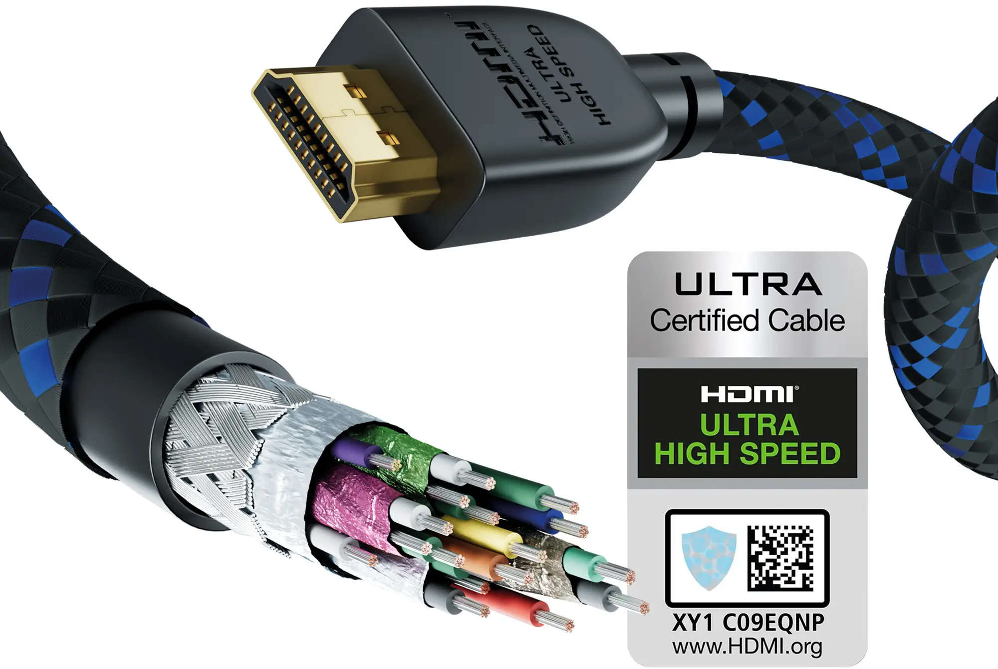 Un cavo HDMI Ultra High Speed con fili interni visibili.