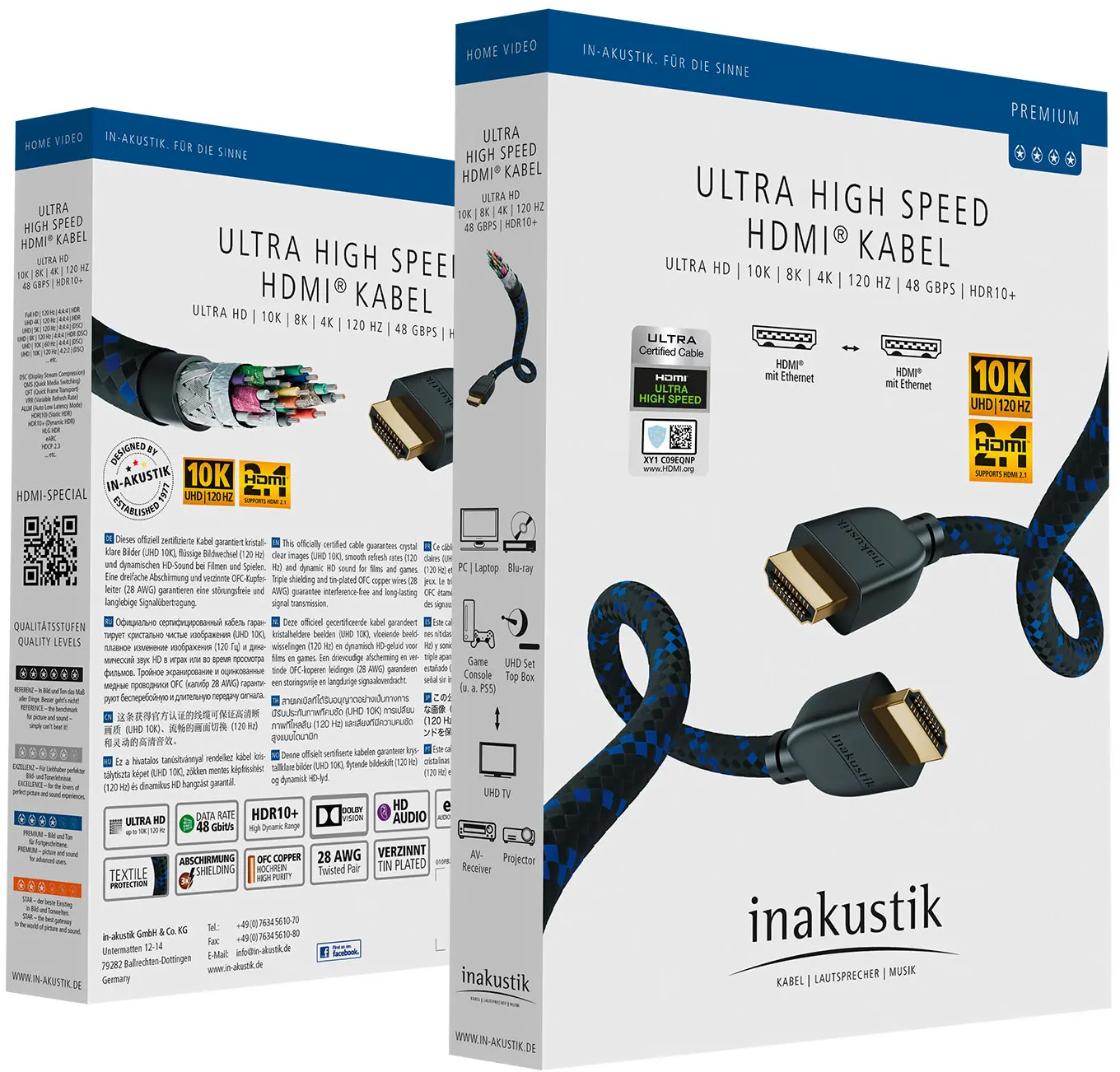Scatole di cavi HDMI. Viene mostrato un cavo con un design nero e blu. Il testo è in tedesco.