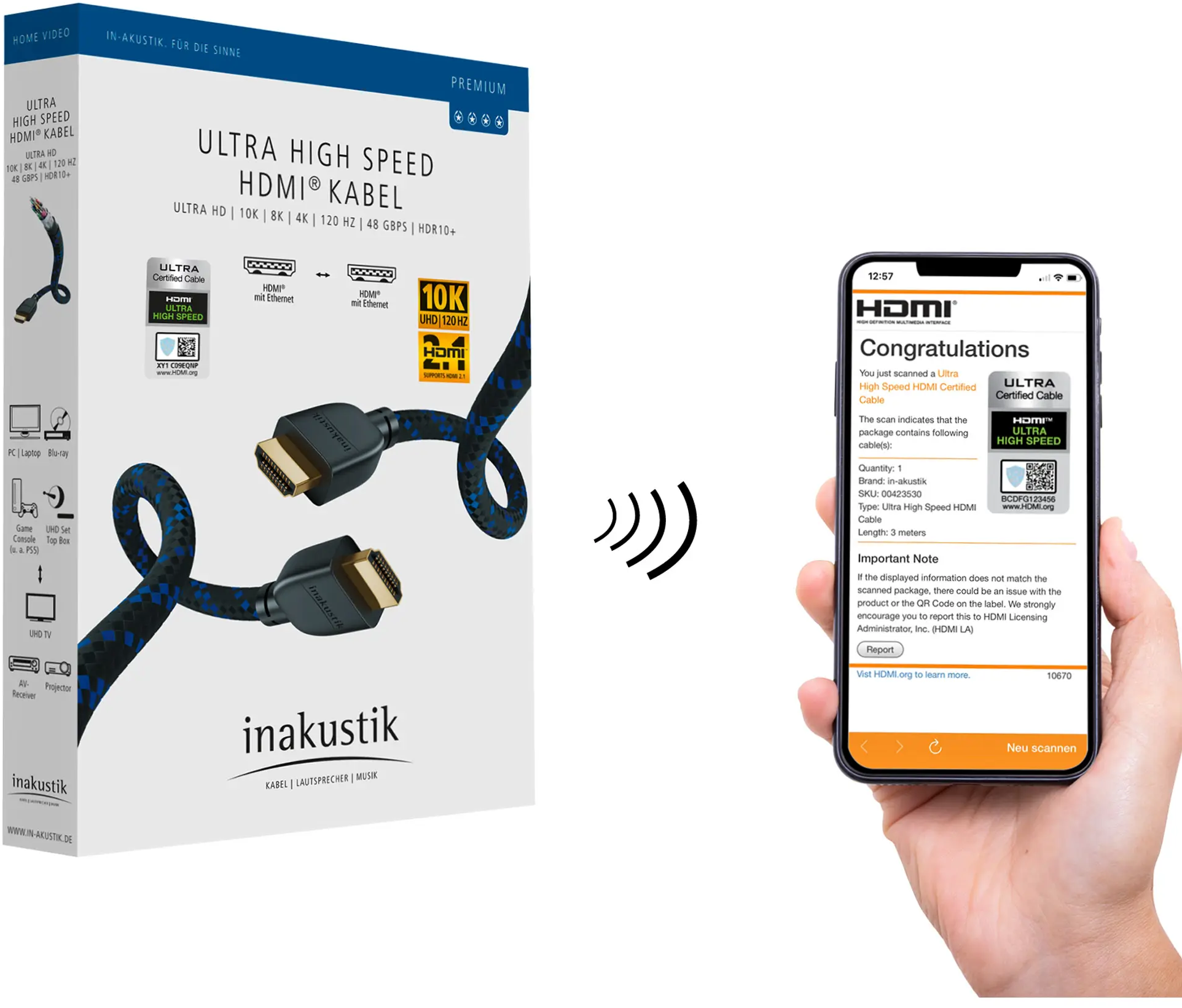 Scatola cavo HDMI con smartphone. Scatola dice Ultra High Speed. Telefono mostra scansione QR. Sfondo bianco.