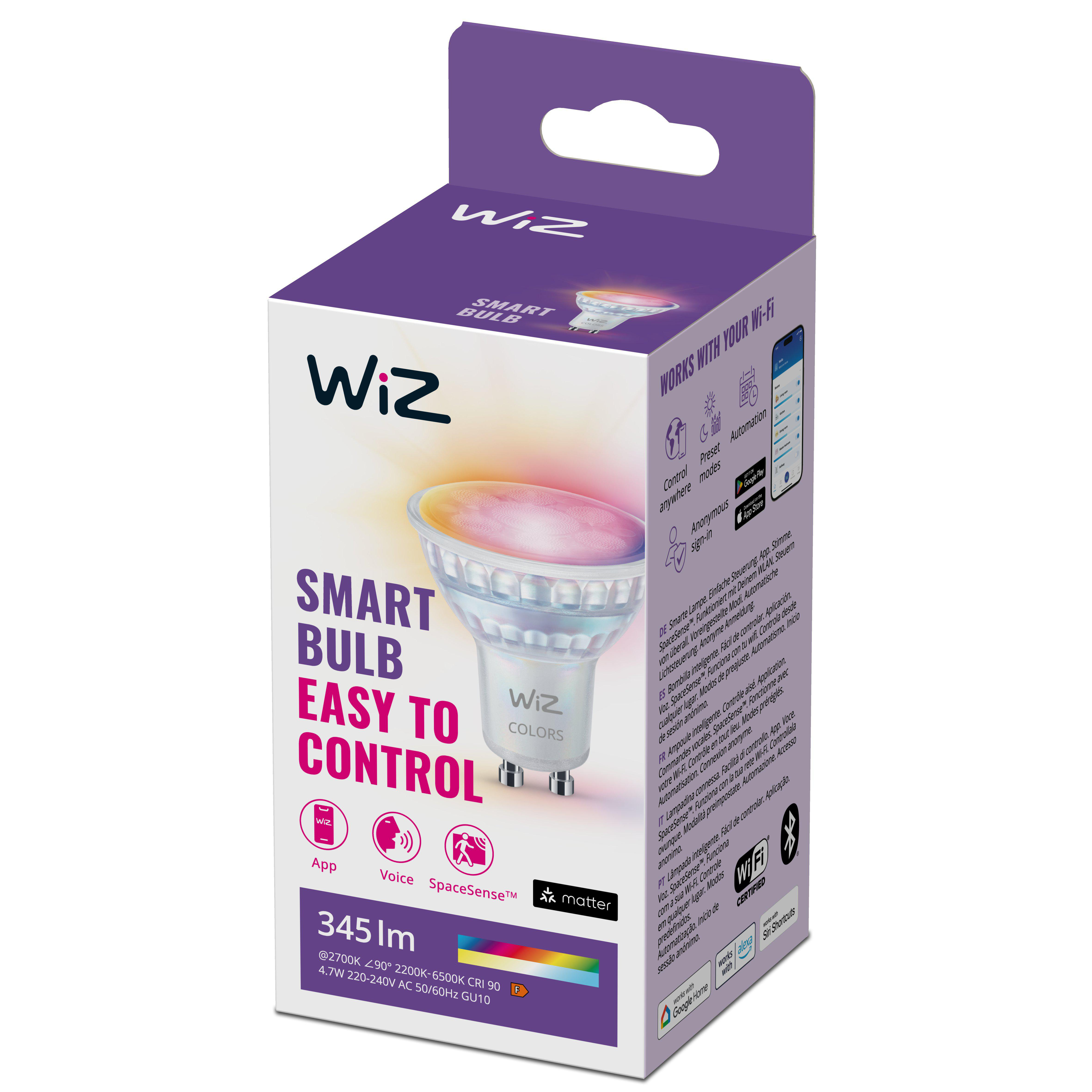 Eine WiZ Smart Bulb Box, weiße Glühbirne mit farbenfrohem Leuchten, Text.