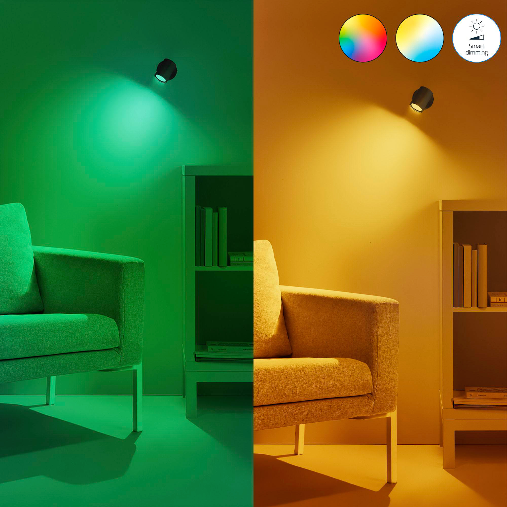 Ein Raum, der durch Farbe geteilt ist. Links: grünes Licht. Rechts: gelbes Licht. Sessel und Regale vorhanden.