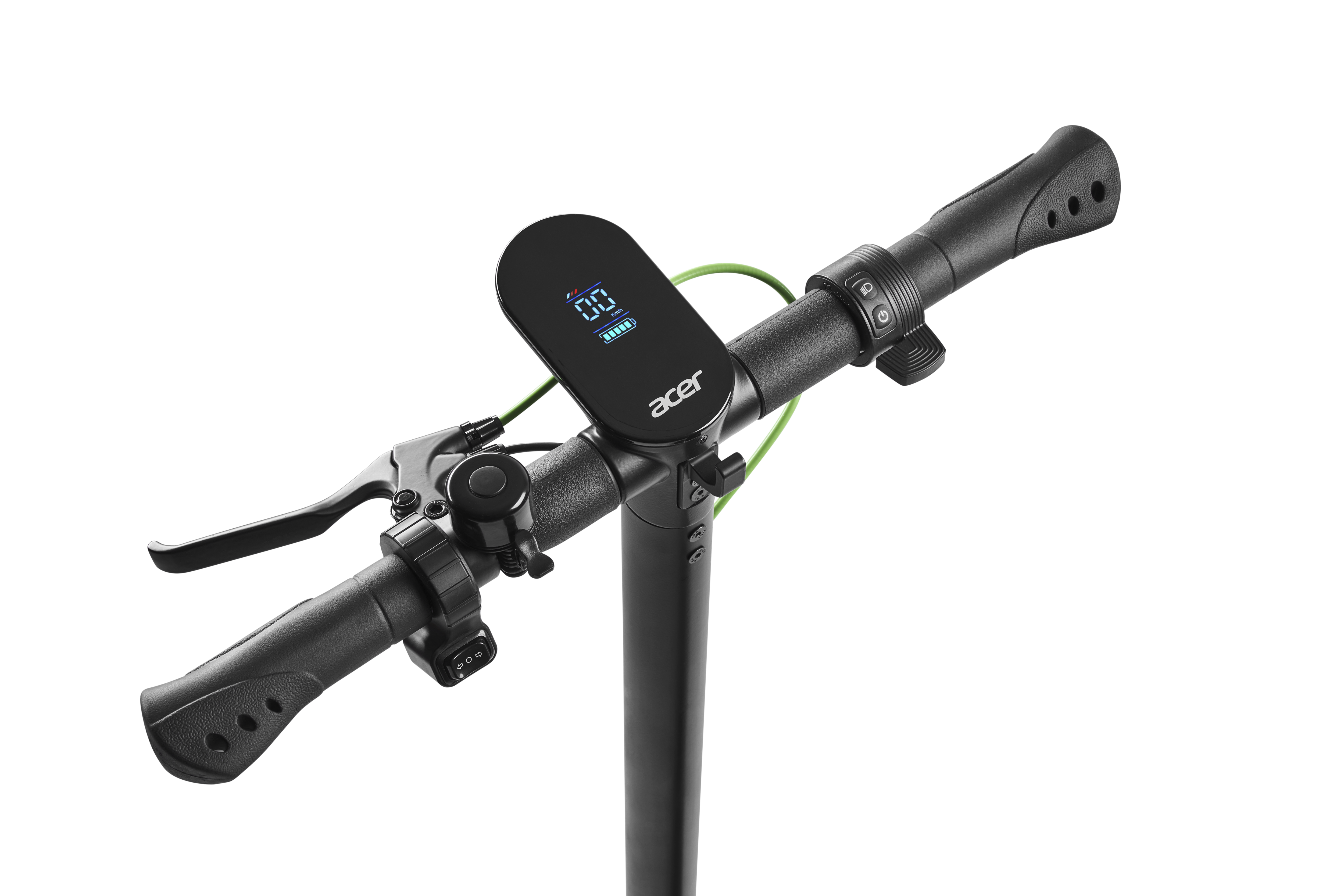 Nahaufnahme des Lenkers eines Acer-Elektrorollers, schwarz und grün.