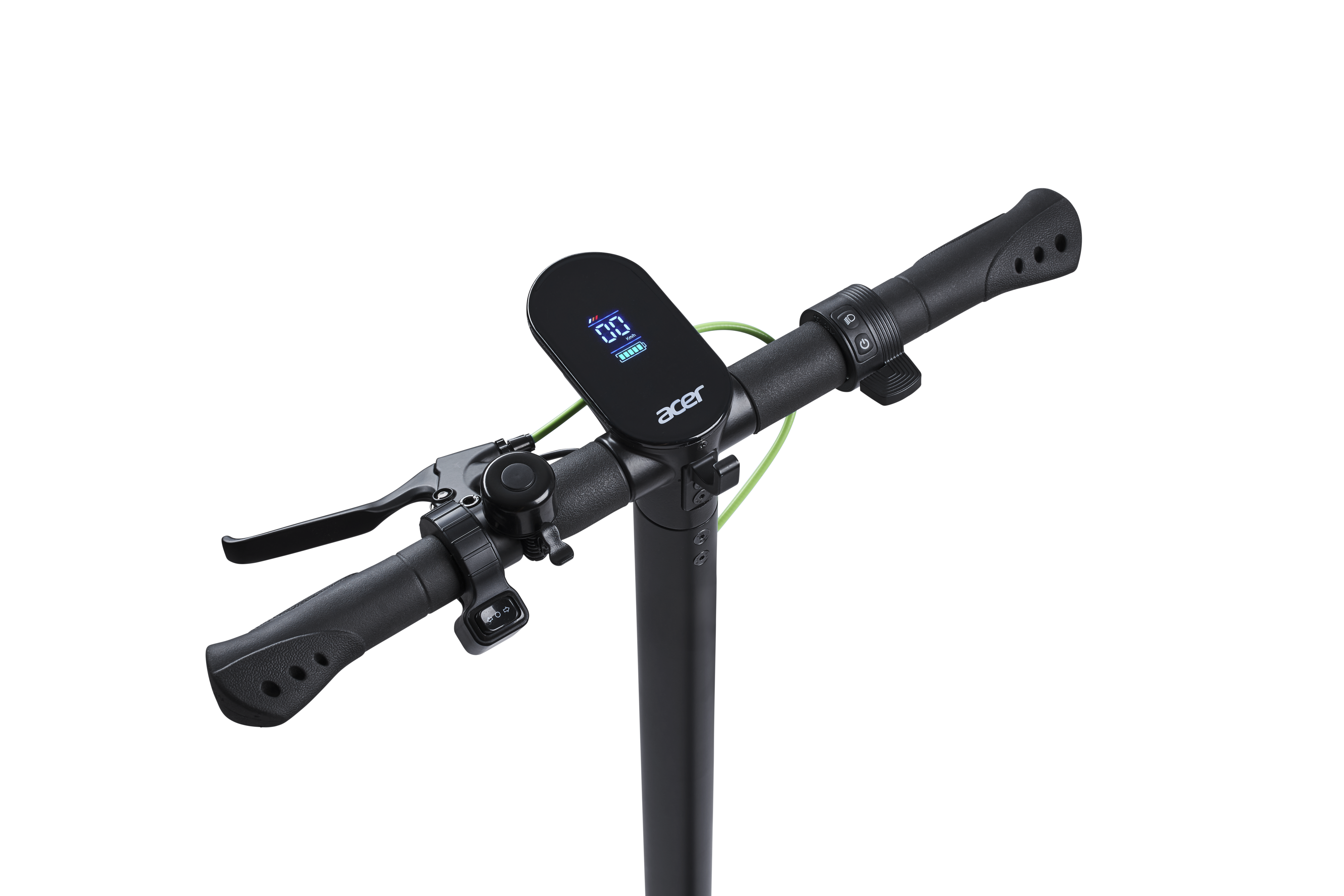 Der Lenker eines schwarzen Acer Elektrorollers mit Digitalanzeige für Geschwindigkeit und Akkustand.