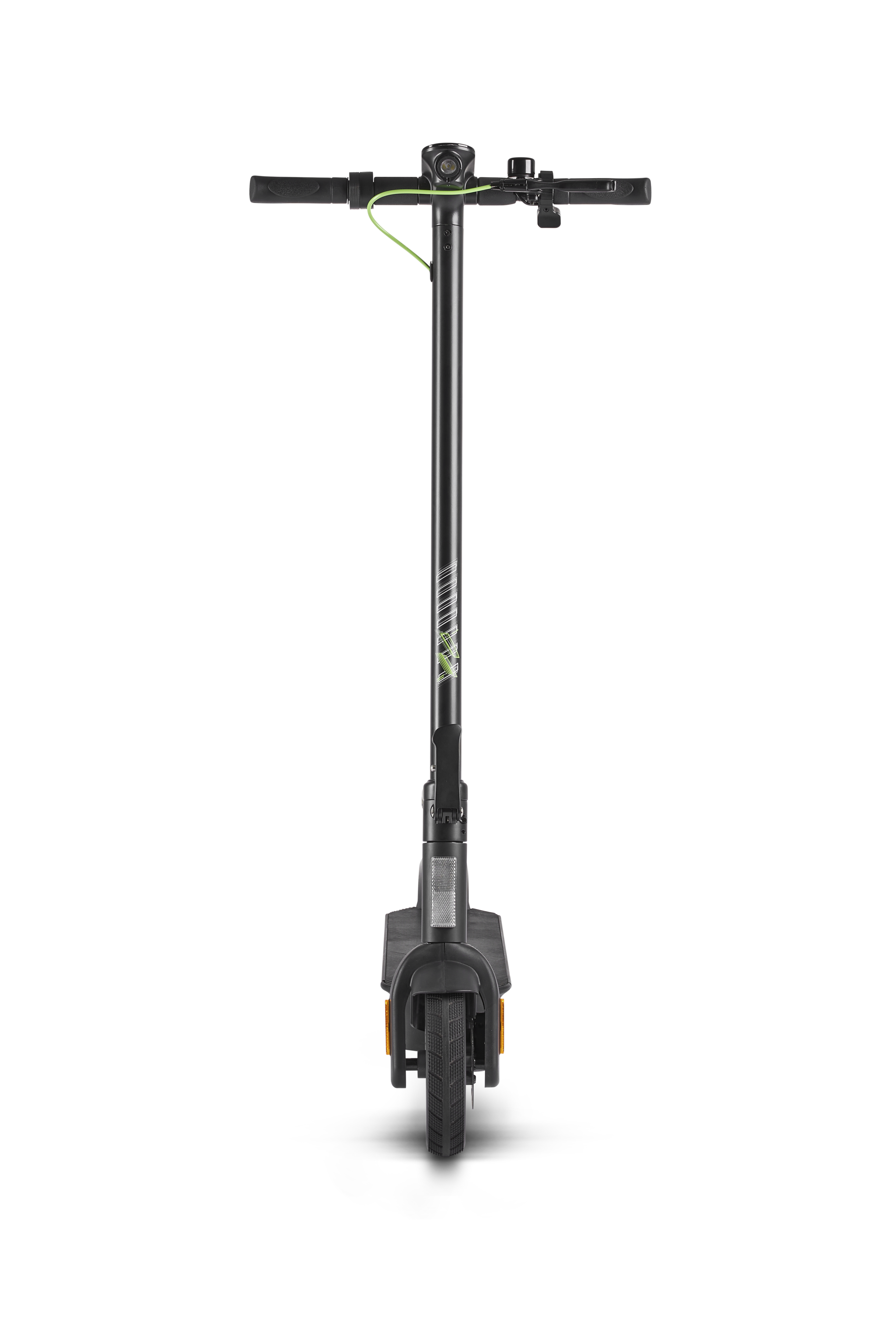 Schwarzer Elektroroller auf schwarzem Hintergrund. Schwarzer Rahmen, Deck und Räder. Grüne Akzente und Acer-Logo.