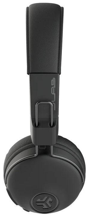 Czarne słuchawki JLab z pałąkiem rozciągniętym w górę.