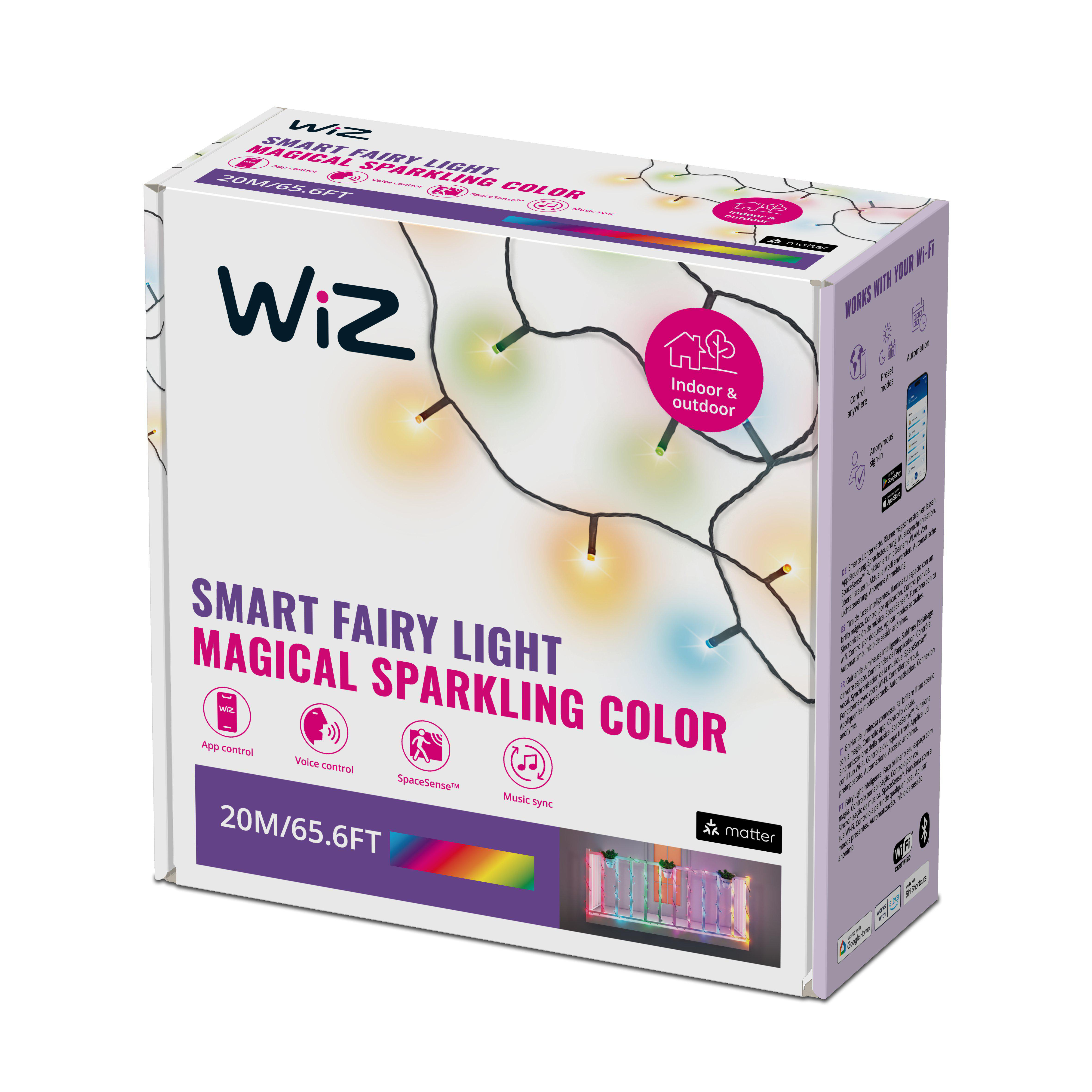 Eine weiße Schachtel mit WiZ Smart Fairy Lights. Text und Symbole werden angezeigt.