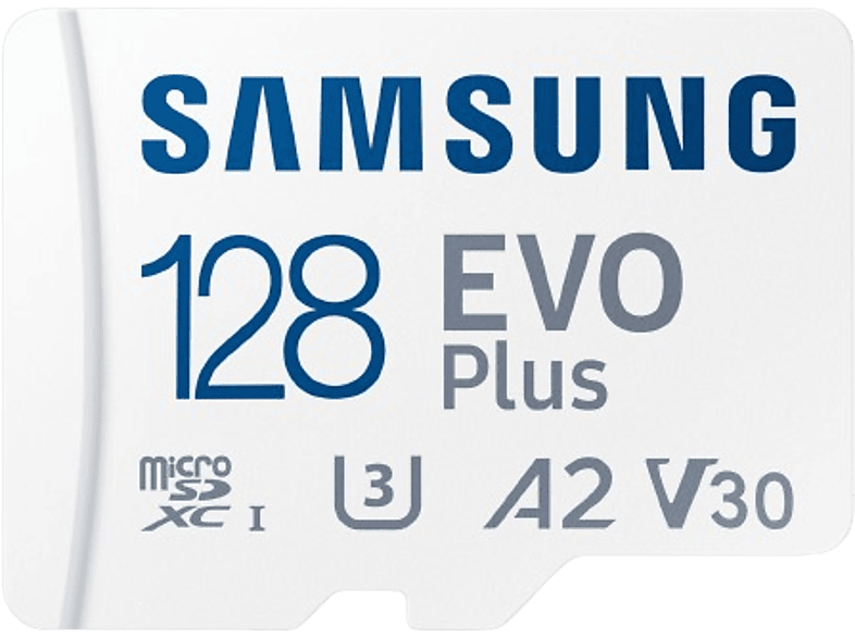 Tarjeta Micro SDXC - Samsung Evo Plus MB-MC128S, 128GB, Clase 3, V30. UHS-I, Lectura 160 MB/s, Blanco