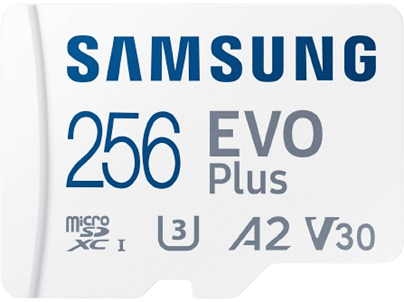 Tarjeta Micro SDXC – Samsung Evo Plus MB-MC256S, 256GB, Clase 3, V30. UHS-I, Lectura 160 MB/s, Blanco