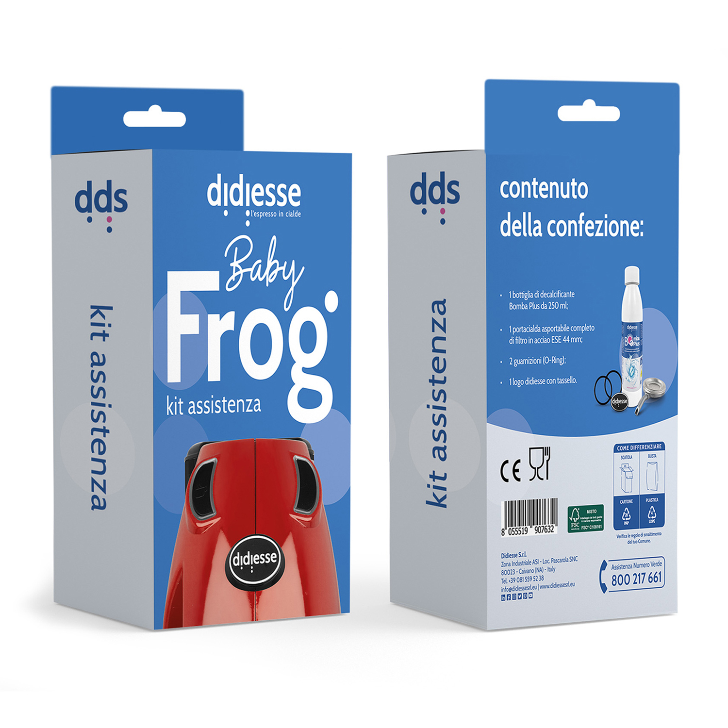 Due scatole del kit macchina da caffè 'Baby Frog', con accessori. Una scatola mostra la macchina da caffè rossa.