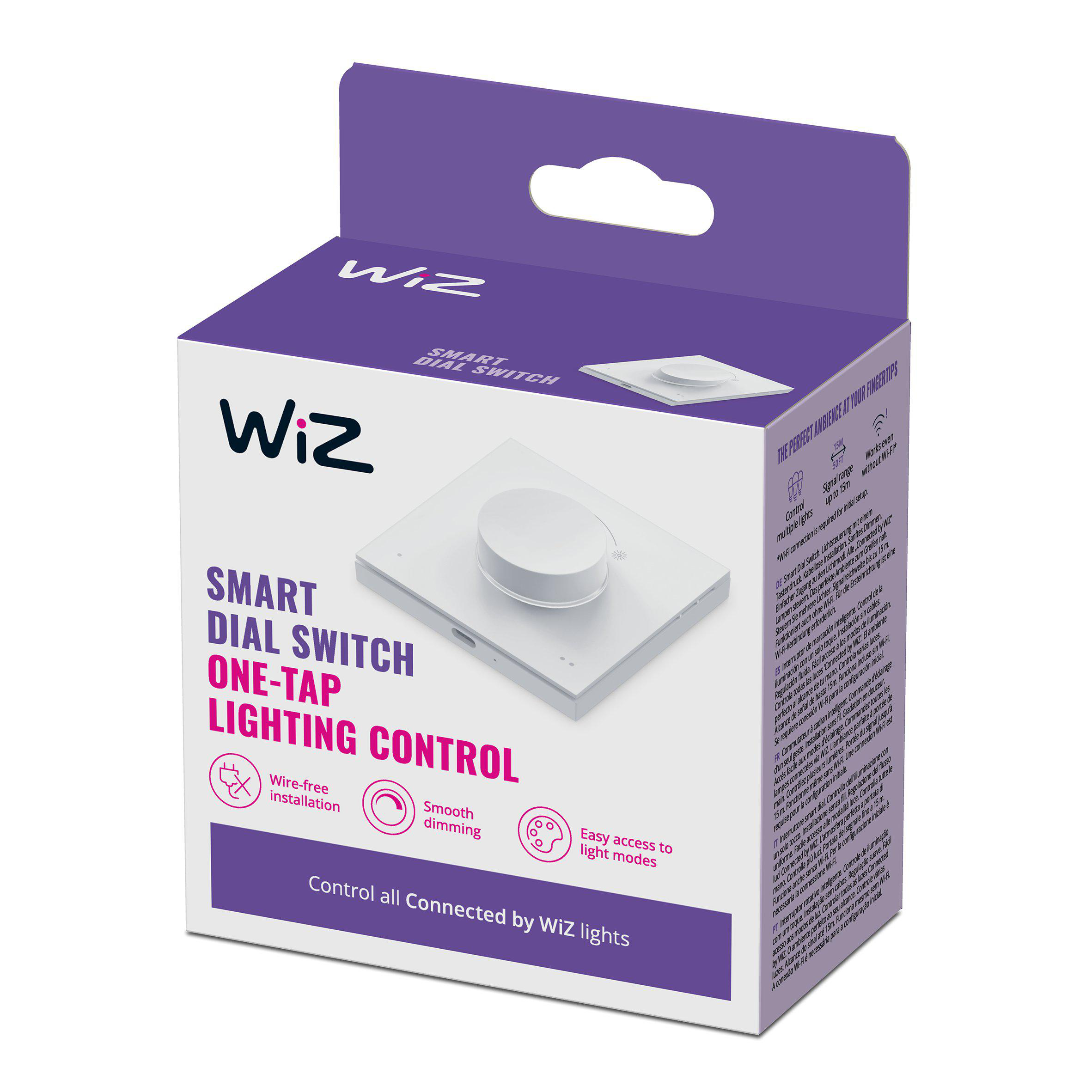 Eine Wiz Smart Dial Switch Box mit Produktinformationen auf der Verpackung.